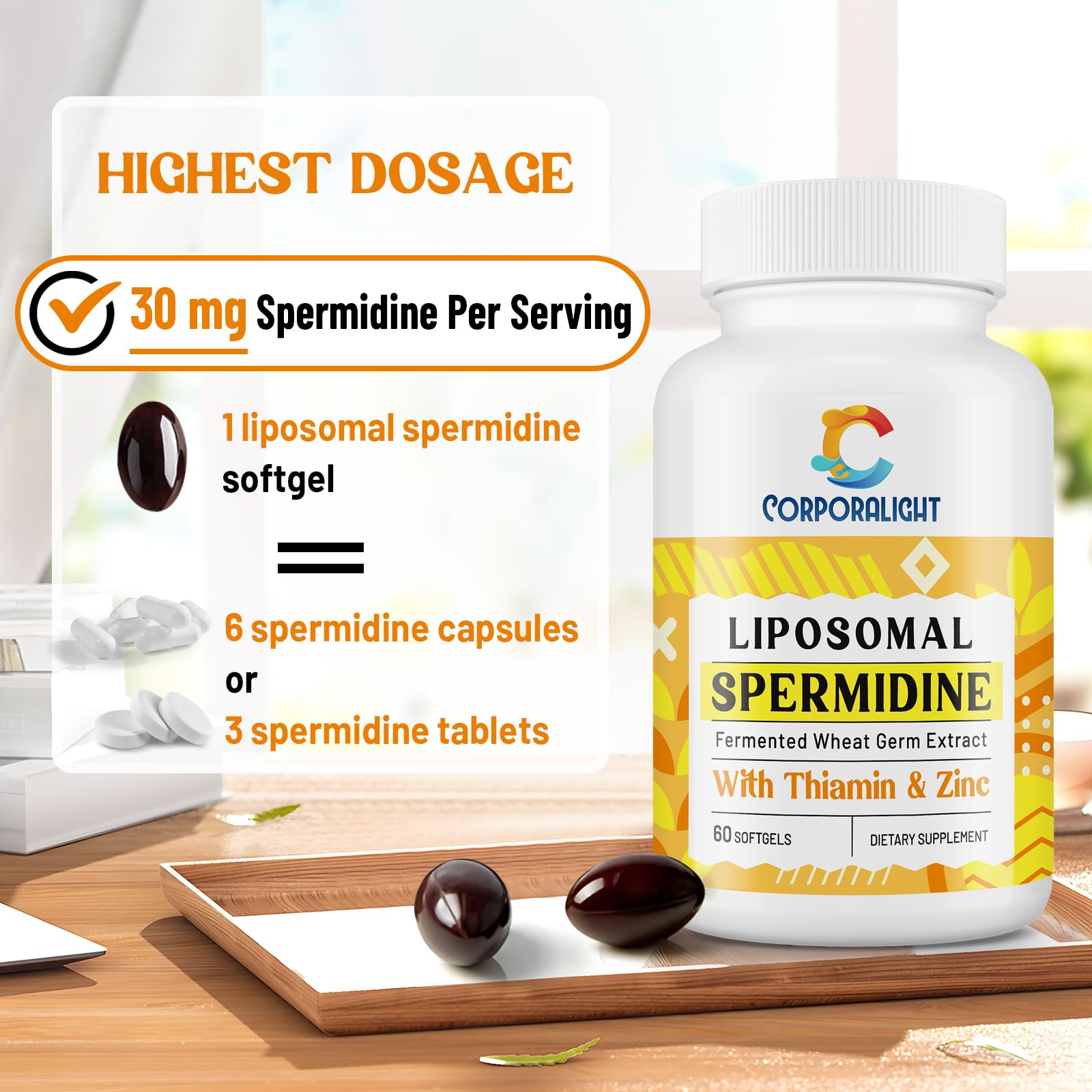 CORPORALIGHT Spermidine Softgel close-up showing capsule size