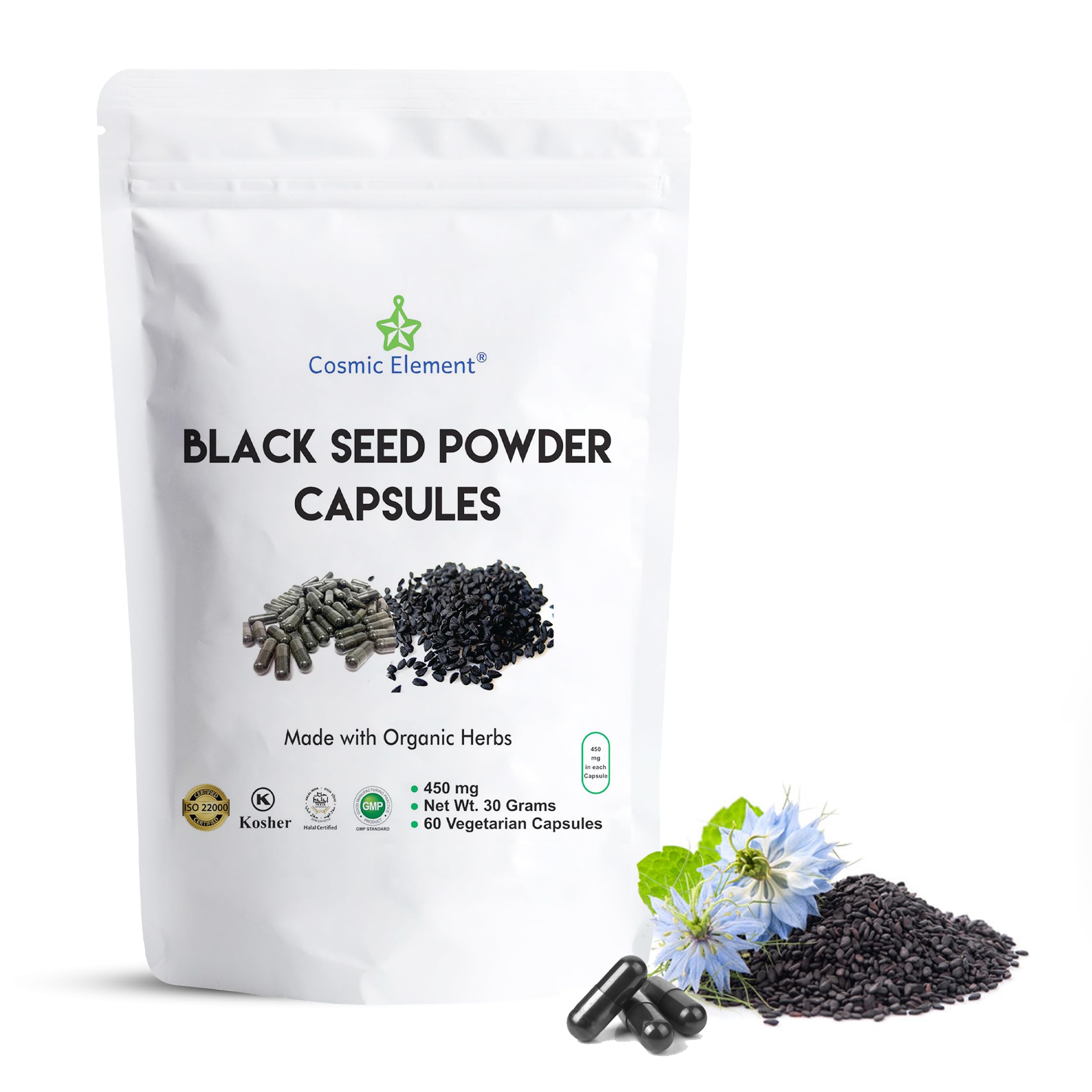 Cosmic Element Black Seed Oil Capsules front view with packaging