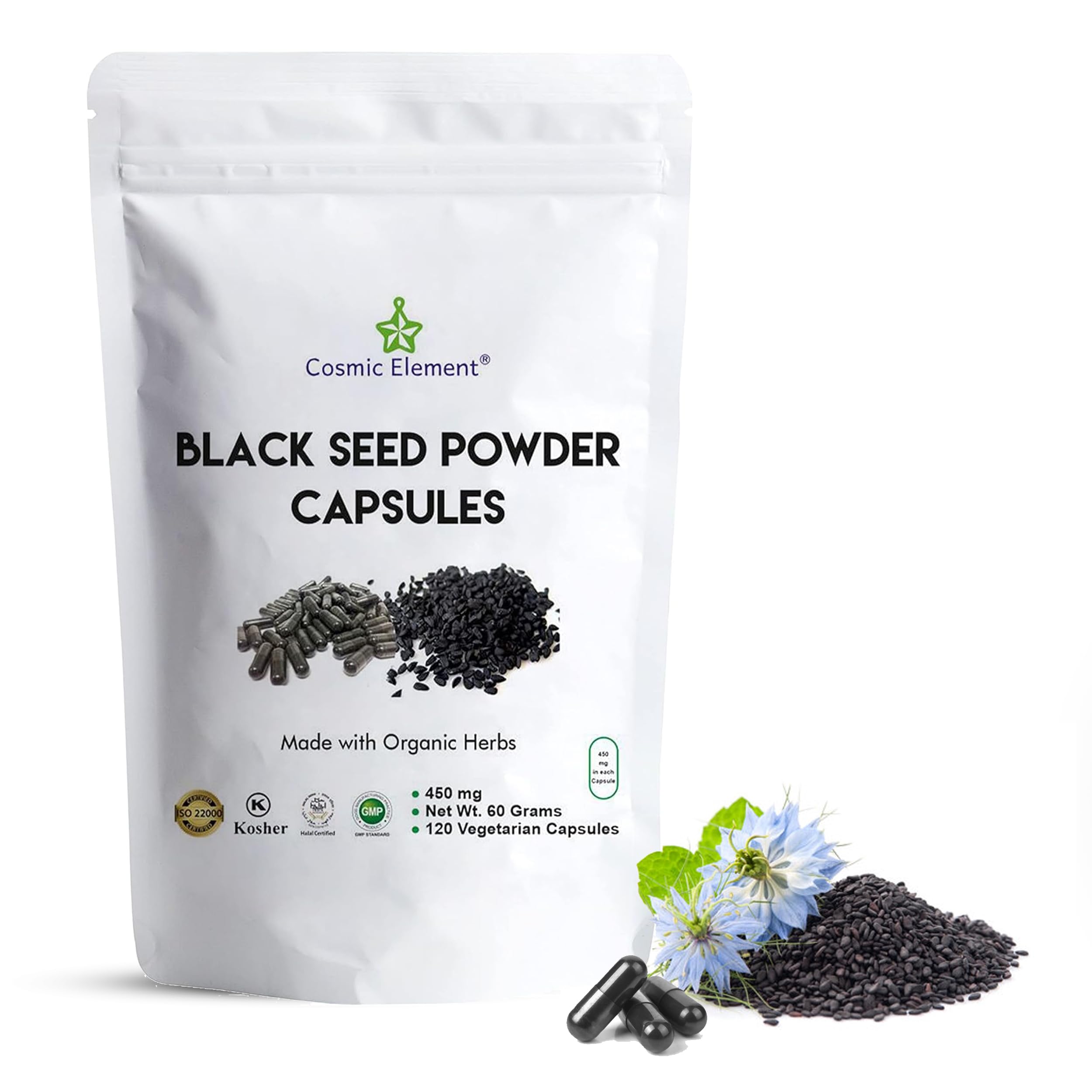Cosmic Element Black Seed Oil Capsules front view with packaging