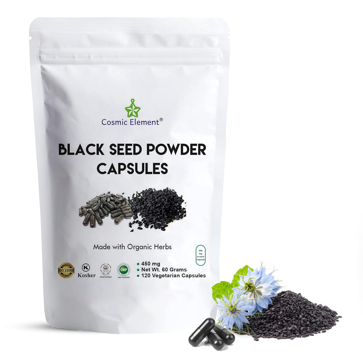 Cosmic Element Black Seed Oil Capsules front view with packaging
