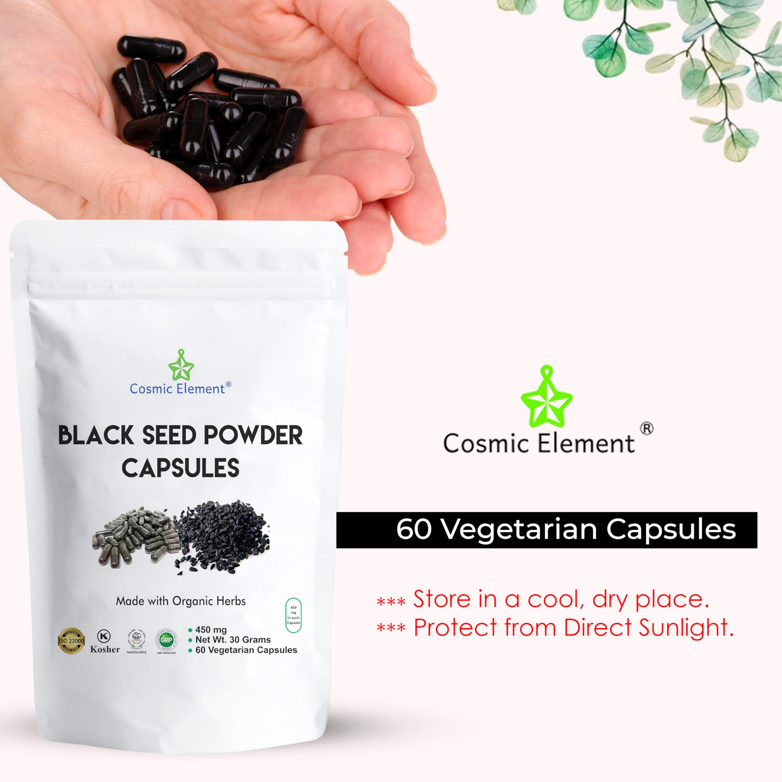 Cosmic Element Black Seed Oil Capsules showing dosage instructions