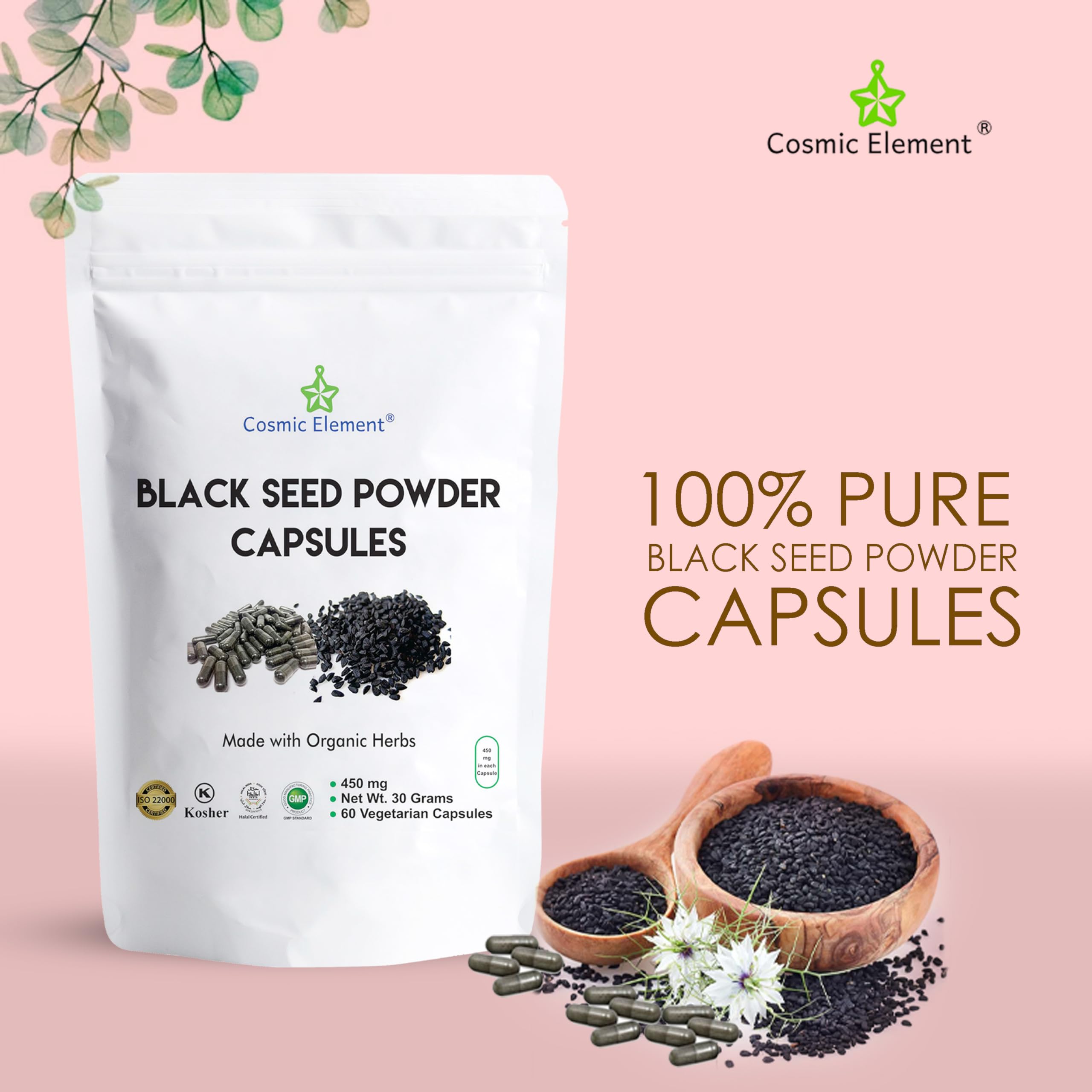 Cosmic Element Black Seed Oil Capsules side view showing capsule details