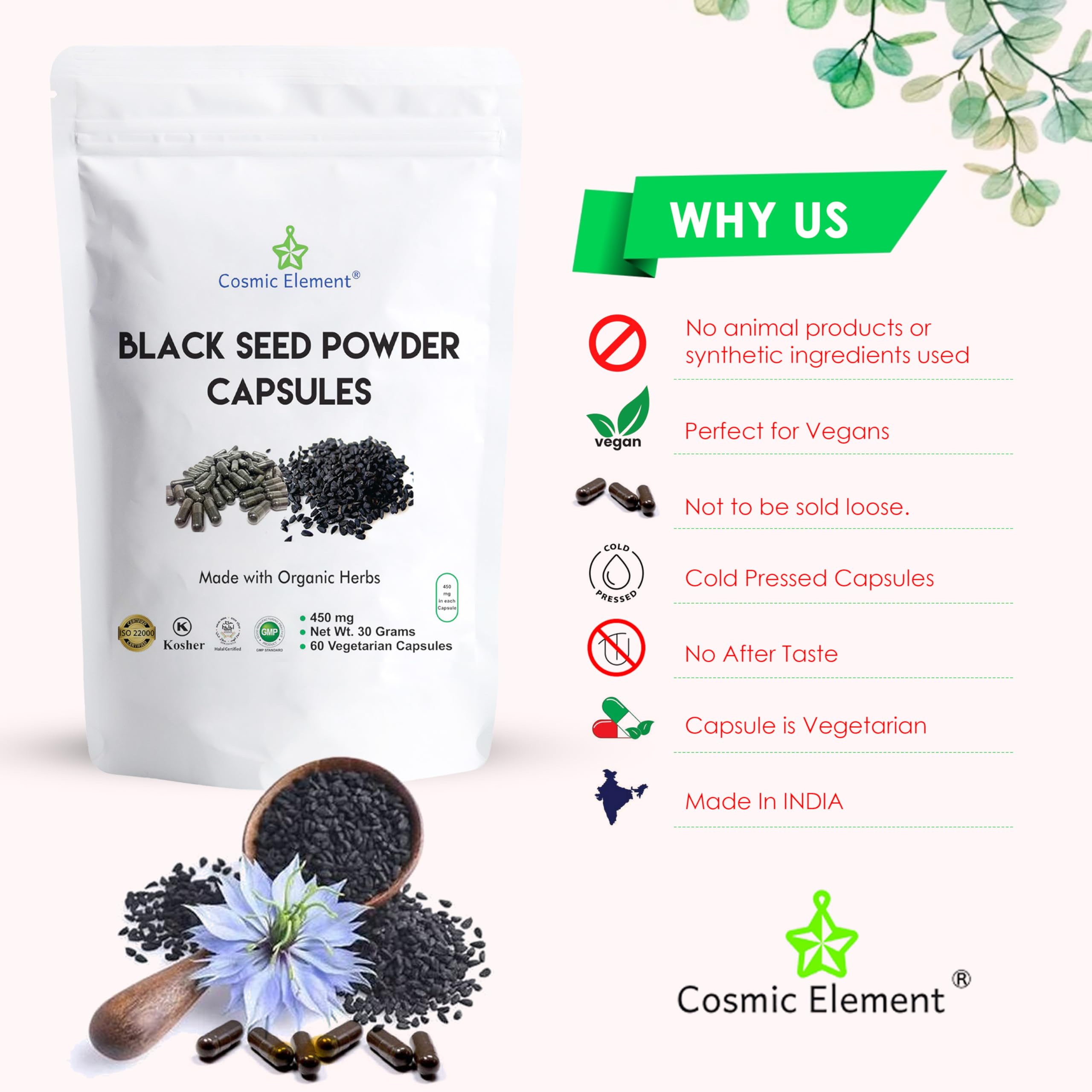 Cosmic Element Black Seed Oil Capsules with a glass of water