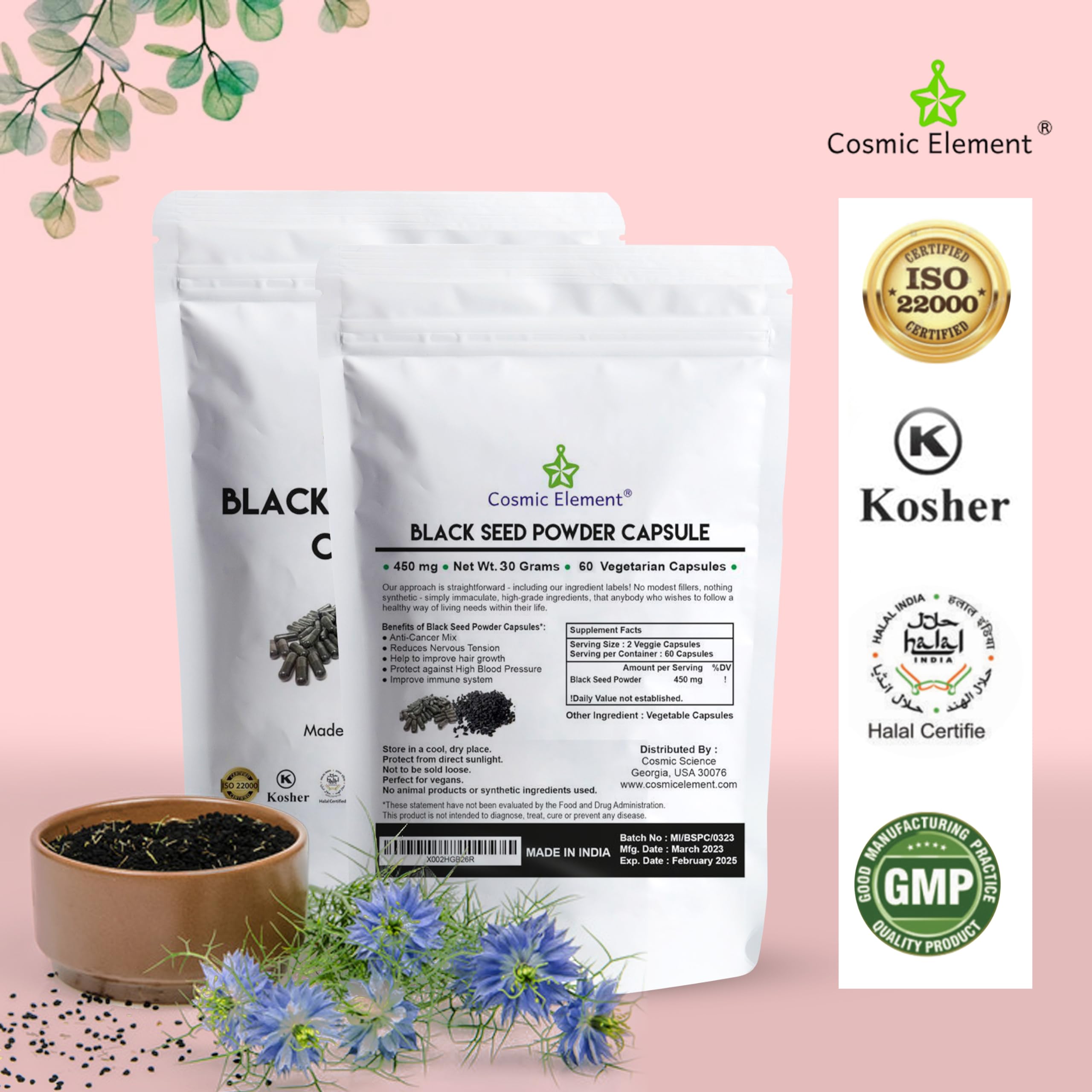Cosmic Element Black Seed Oil Capsules with a hand holding the bottle