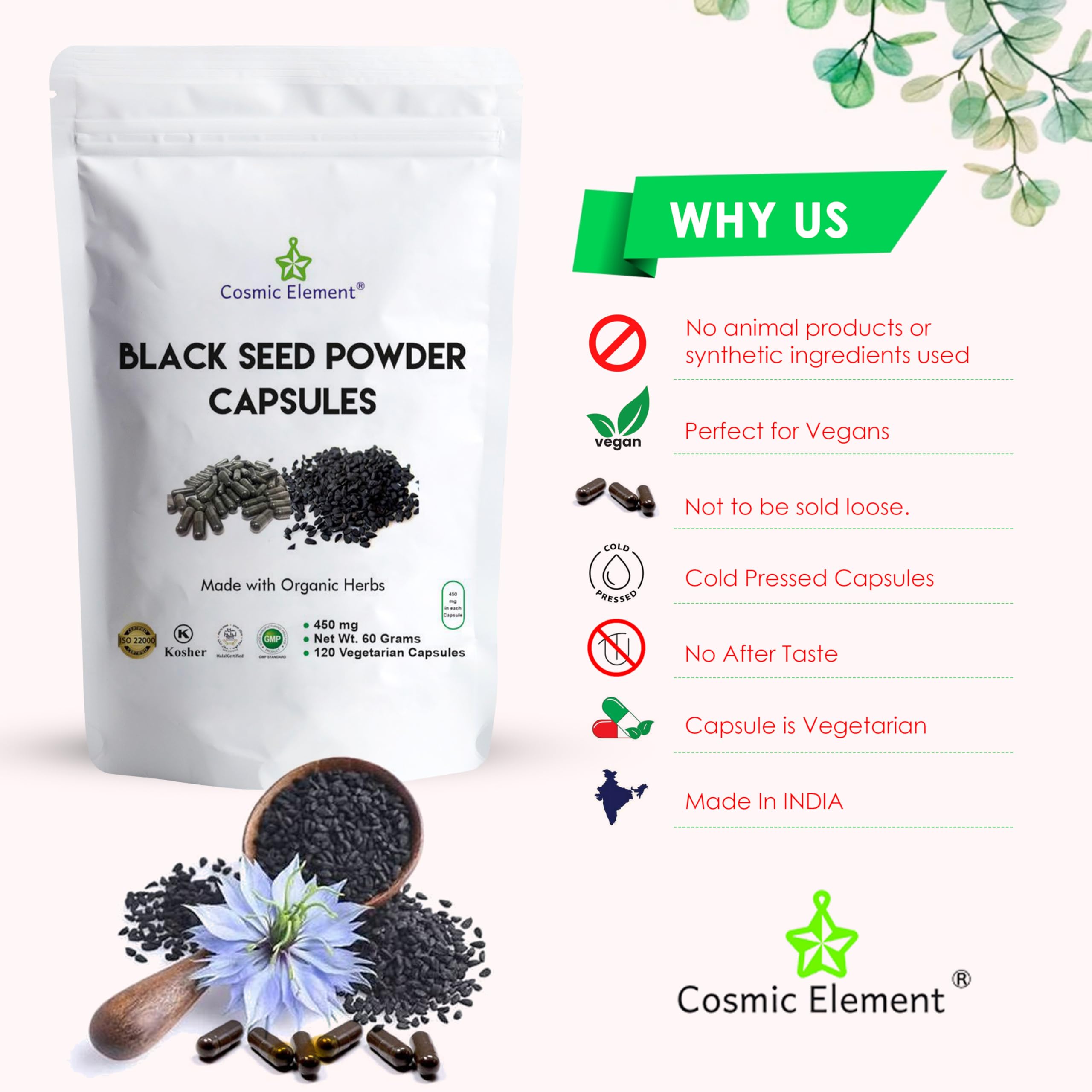 Cosmic Element Black Seed Oil Capsules with a measuring spoon