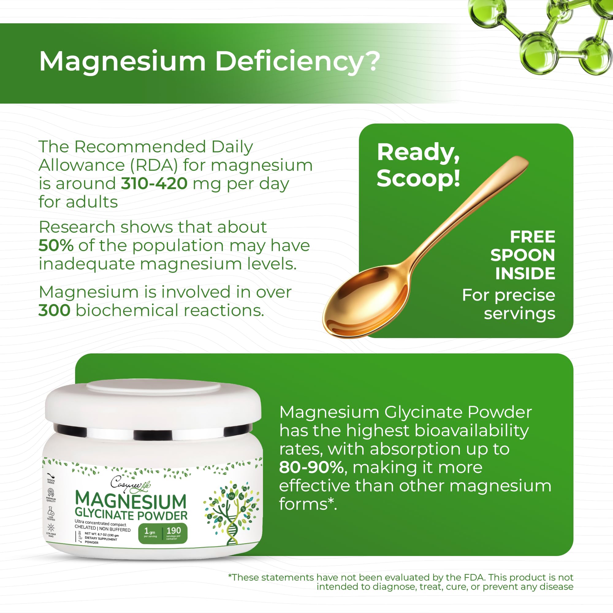 cosynee Magnesium Glycinate Powder 220mg side view showing serving size