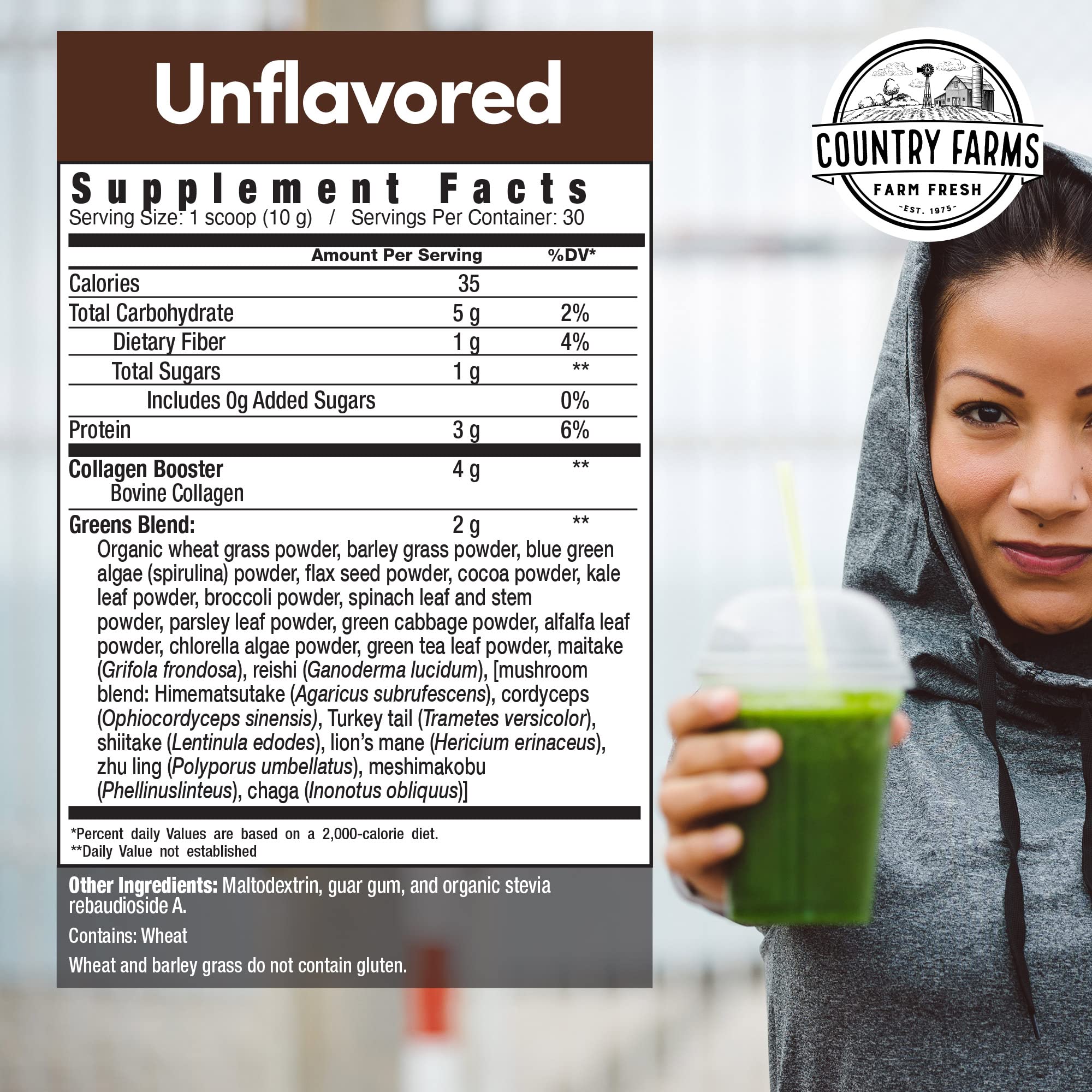 Country Farms Collagen + Greens 771g back view showing nutritional information
