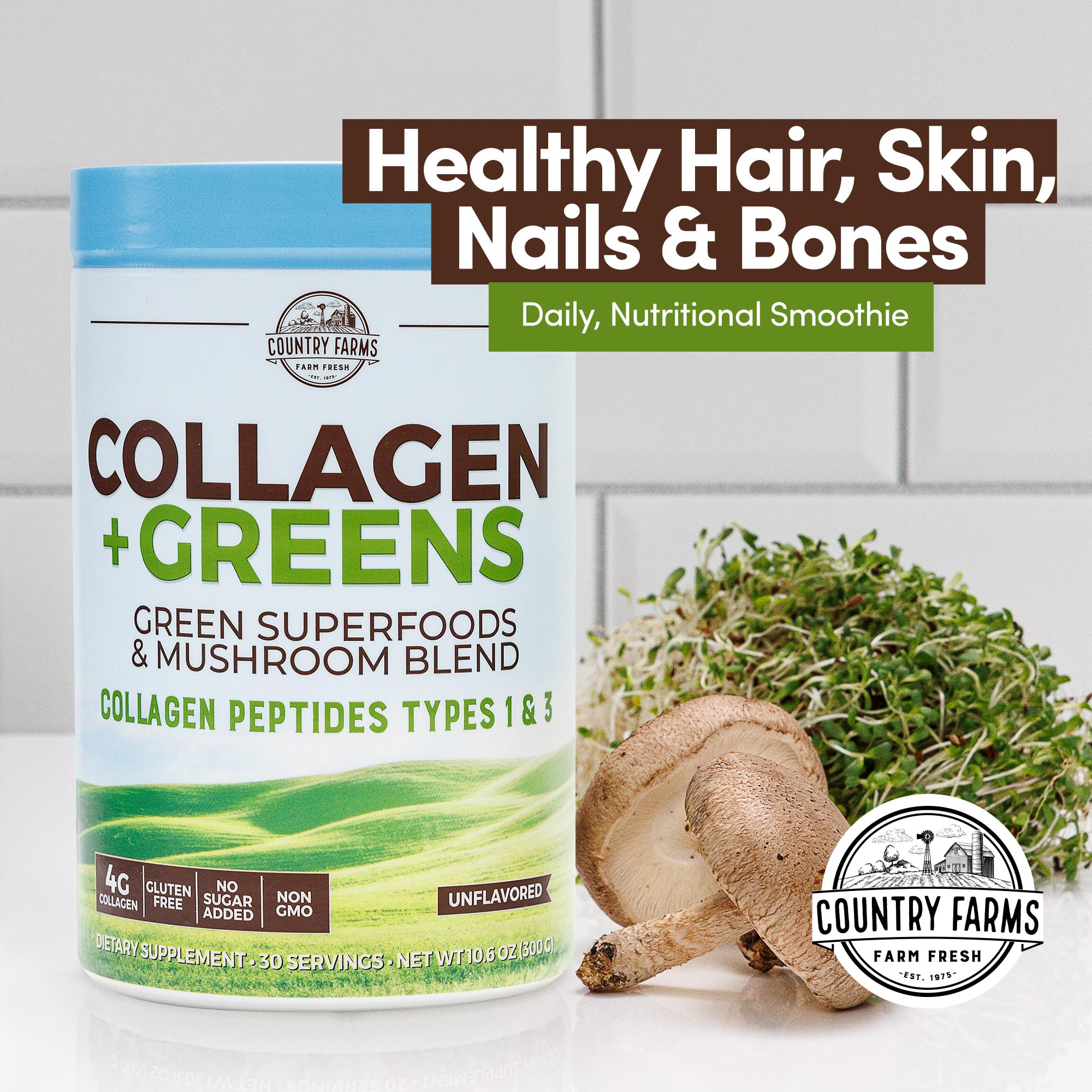Country Farms Collagen + Greens displayed with organic superfoods