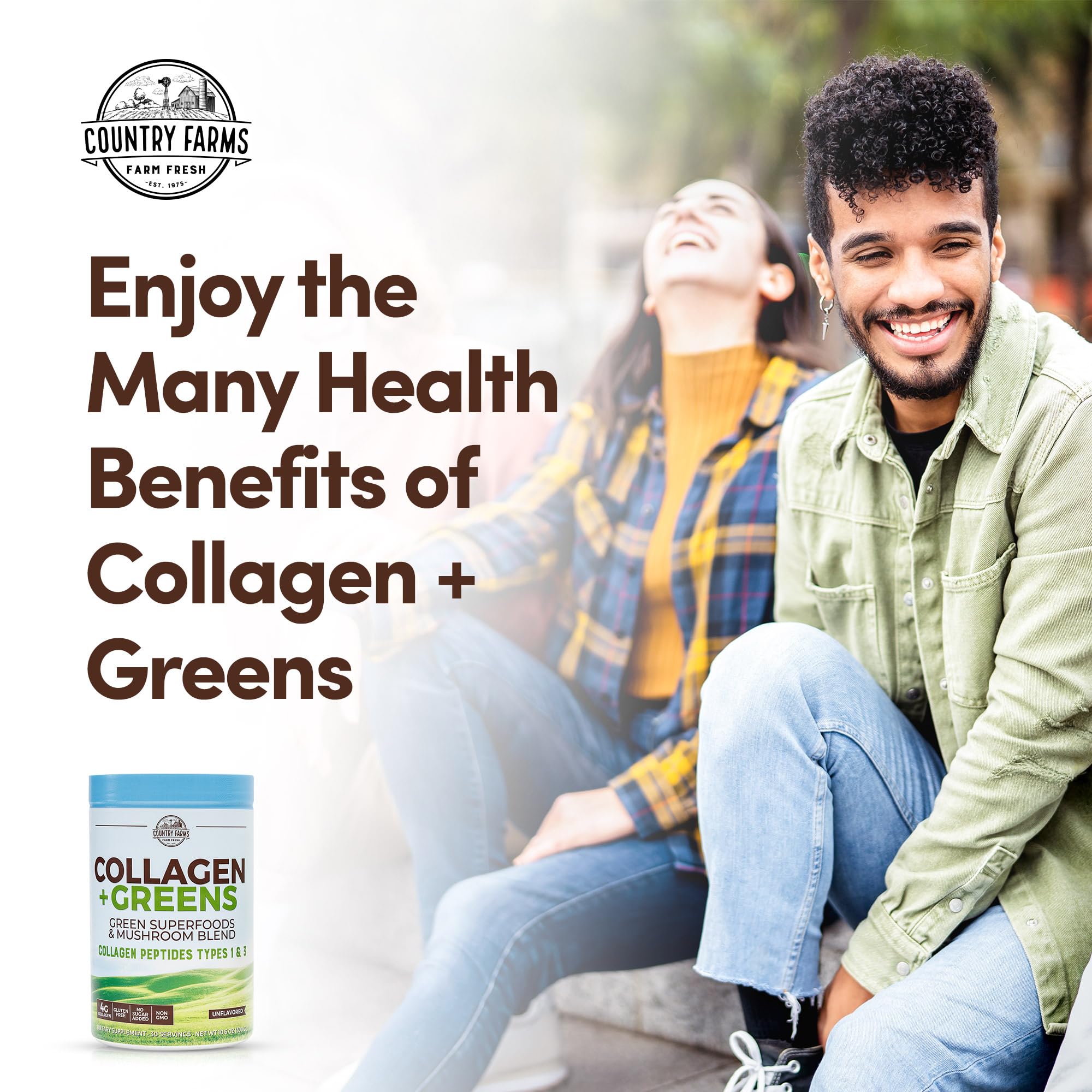 Country Farms Collagen + Greens packaging on a kitchen counter