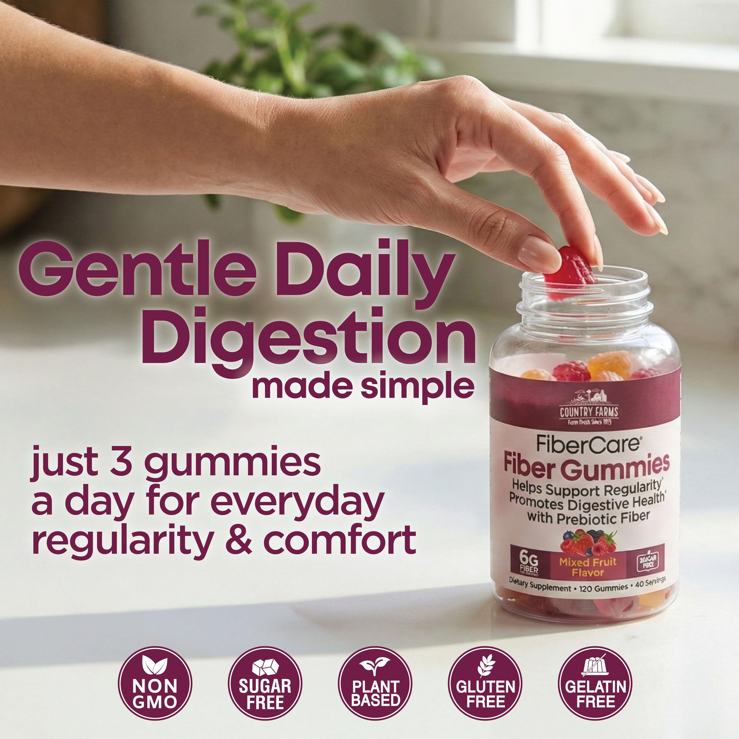 Country Farms Fiber Care Prebiotic Gummies back view showing ingredients