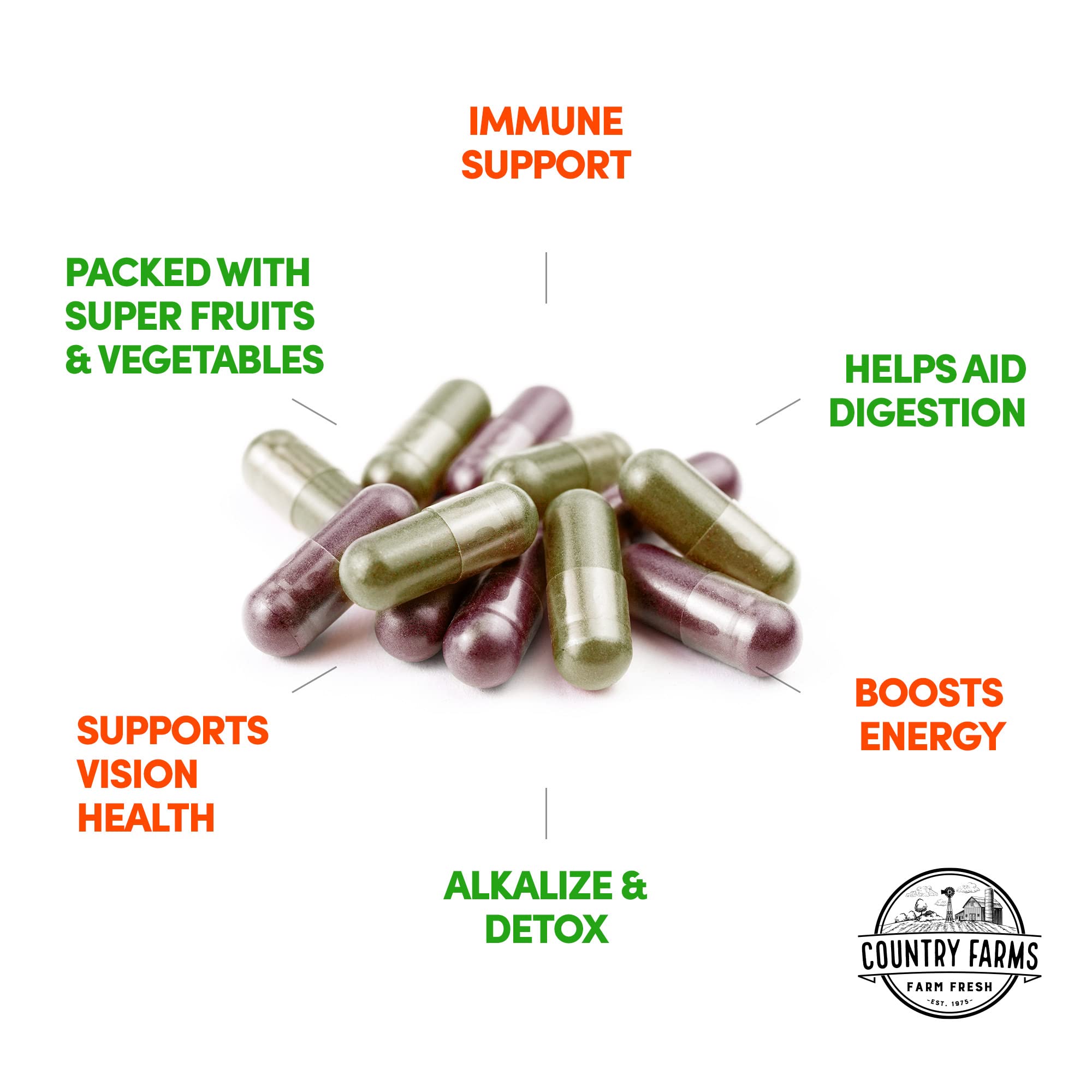 Country Farms Fruits and Veggies Capsules on a wooden table