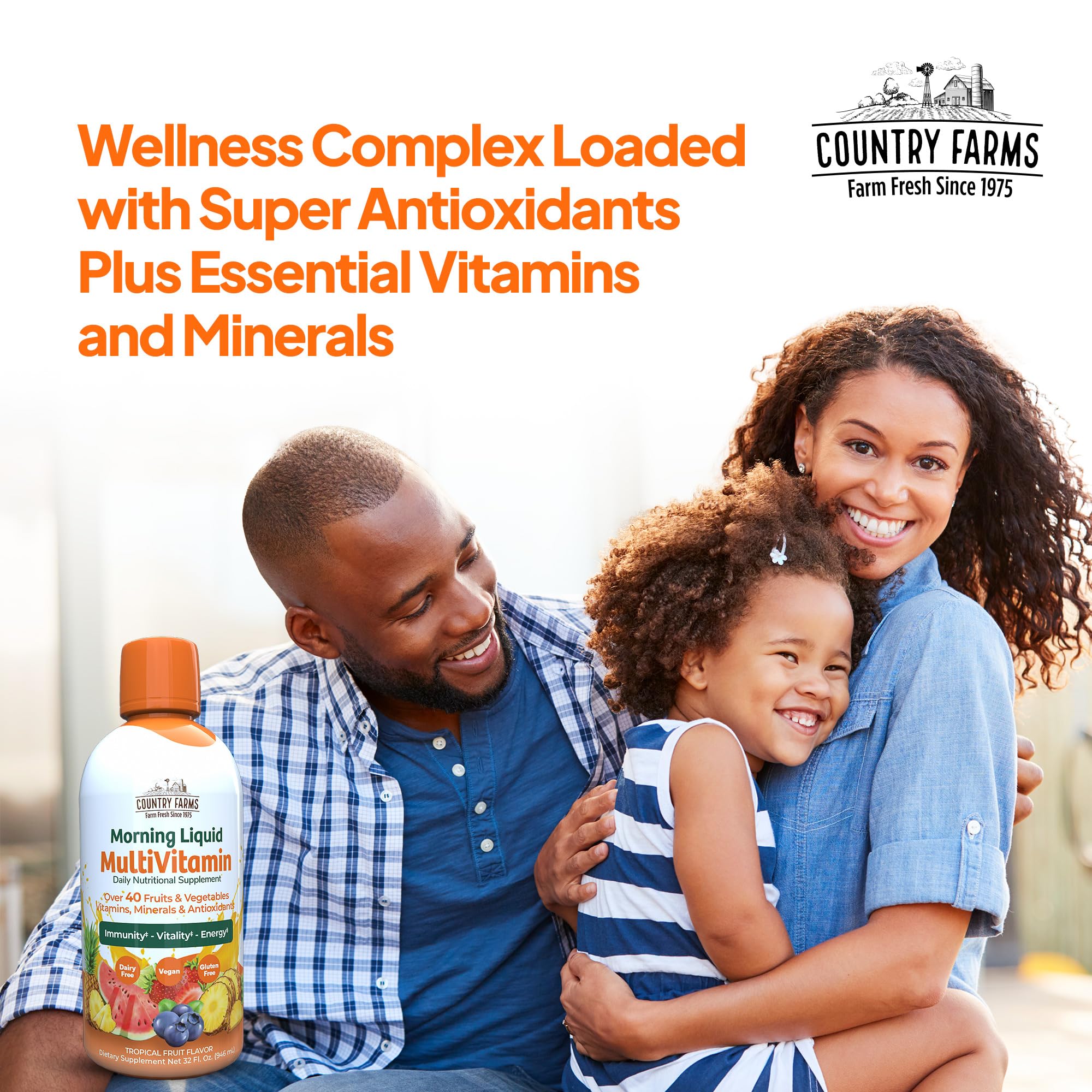 Country Farms Morning Liquid Multivitamin 946ml Tropical Fruit packaging on a kitchen counter