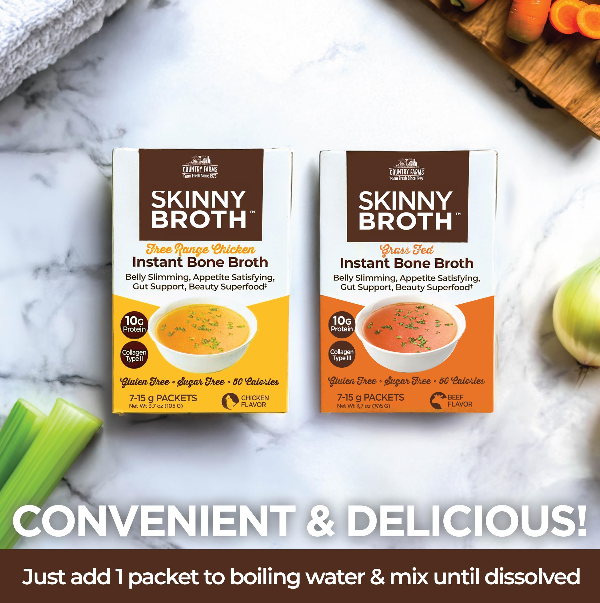 Country Farms Skinny Broth 7 Day Plan Chicken and Beef Flavor with ingredients on a kitchen countertop