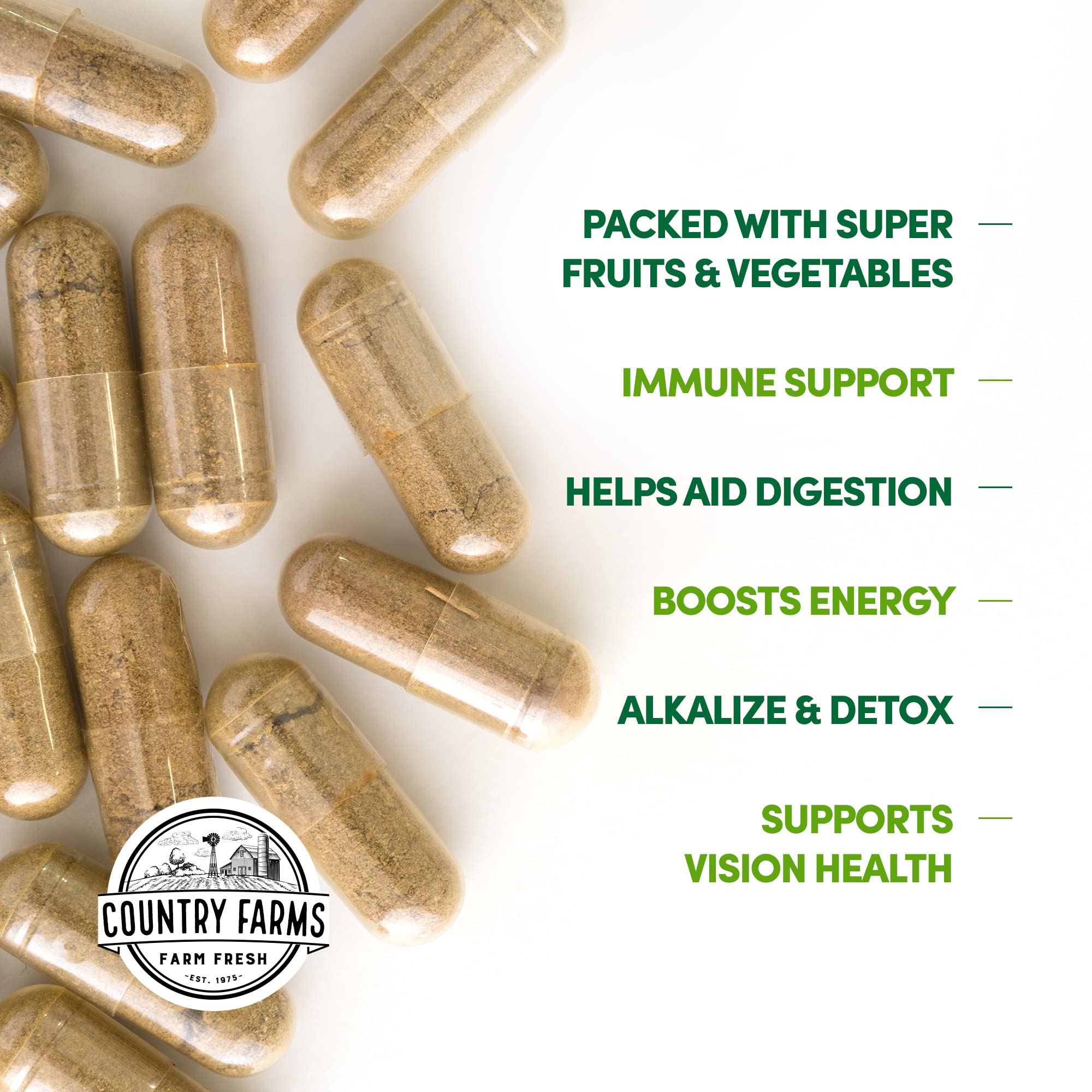 Country Farms Super Fruits and Veggies Capsules with serving suggestion