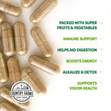 Country Farms Super Fruits and Veggies Capsules with serving suggestion