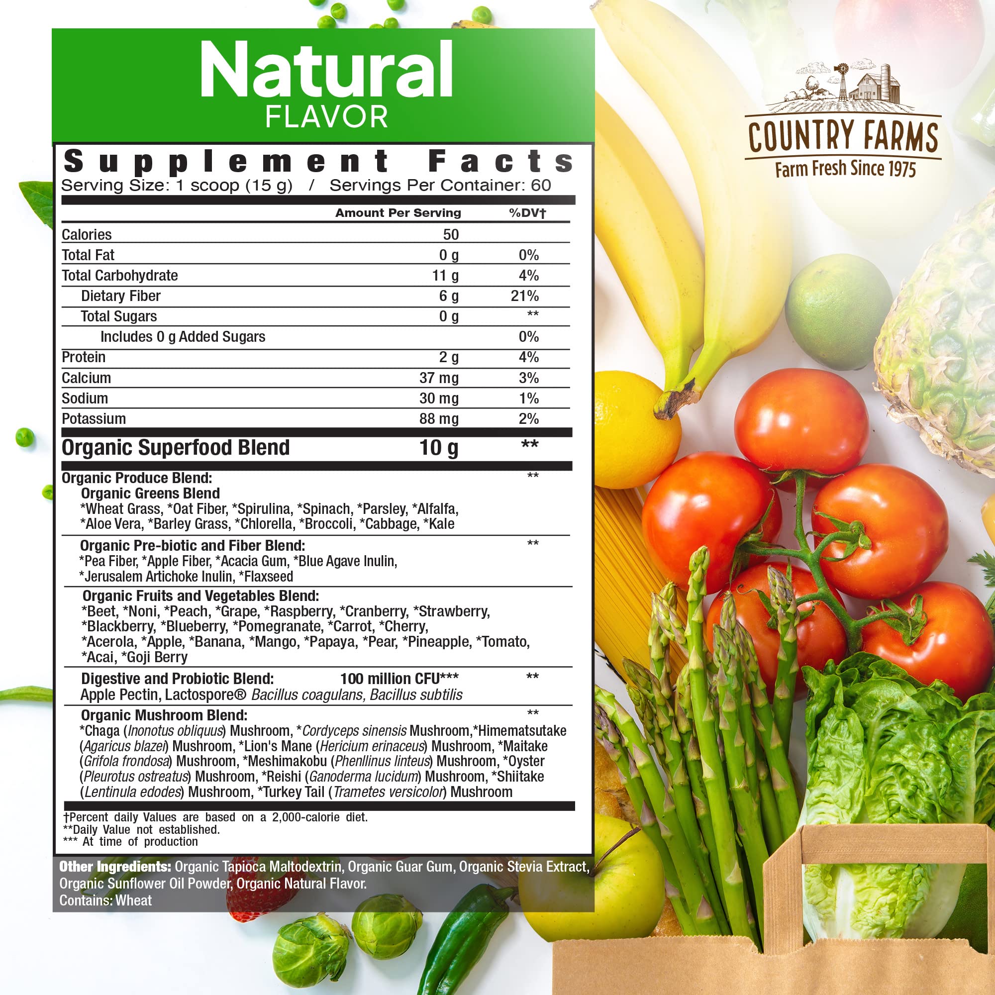 Country Farms Super Greens 900g powder in a scoop