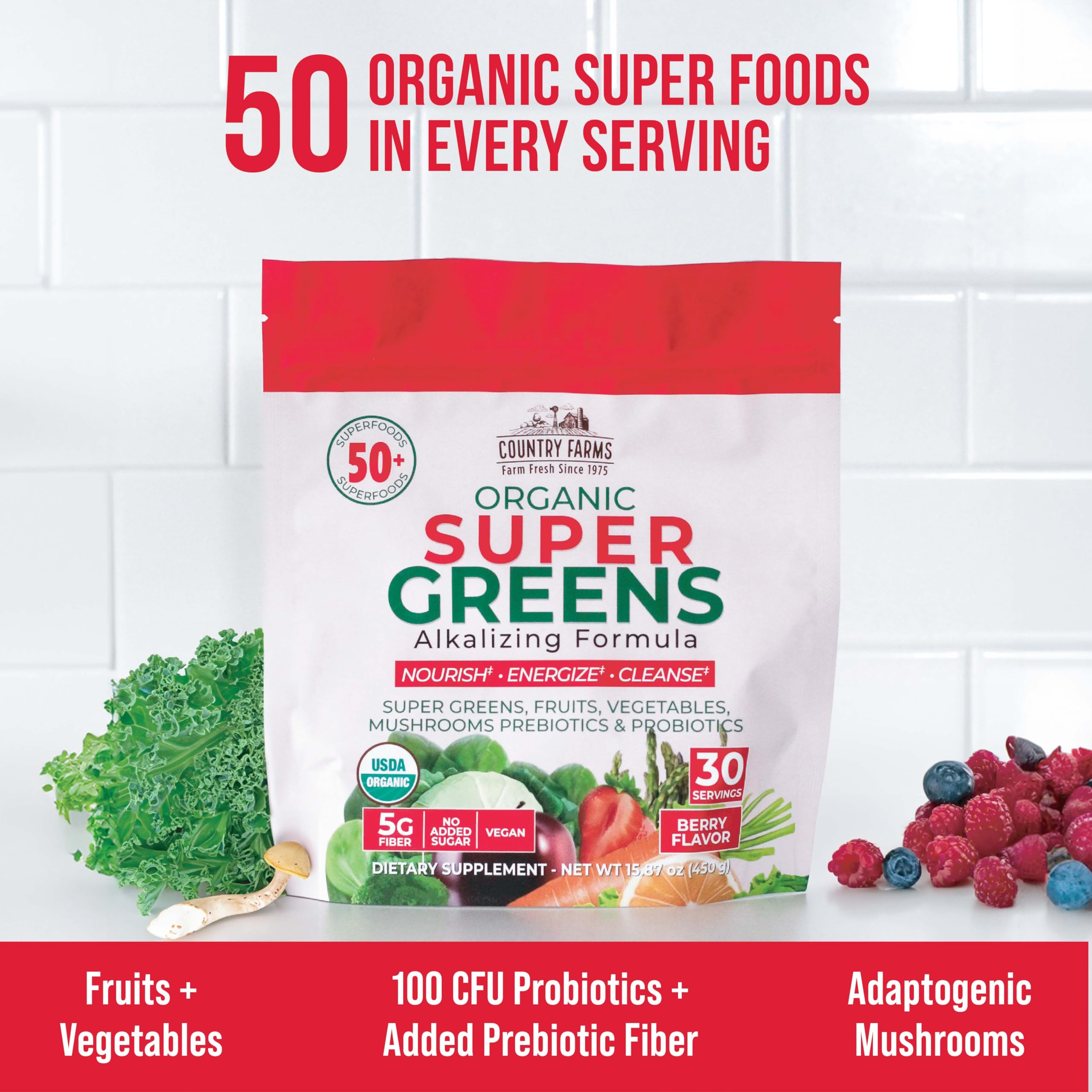 Country Farms Super Greens Berry serving suggestion with fruits