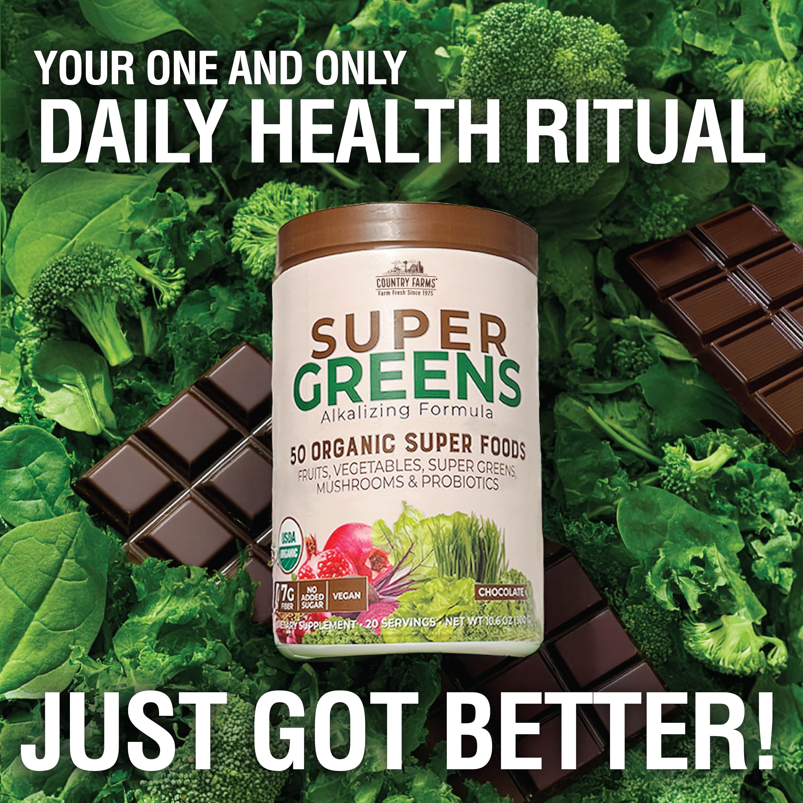 Country Farms Super Greens Chocolate Drink Mix in glass with water