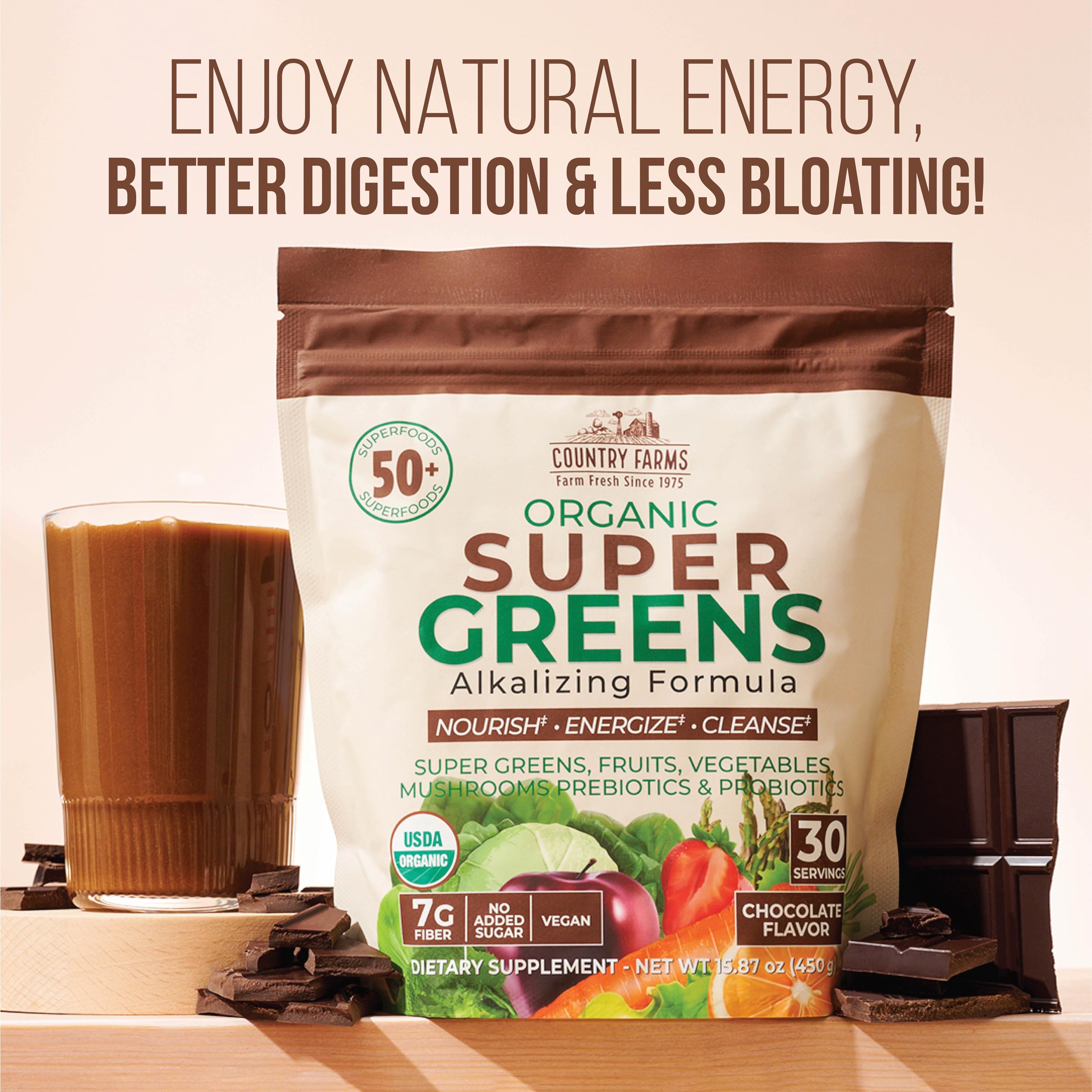 Country Farms Super Greens Chocolate packaging side view