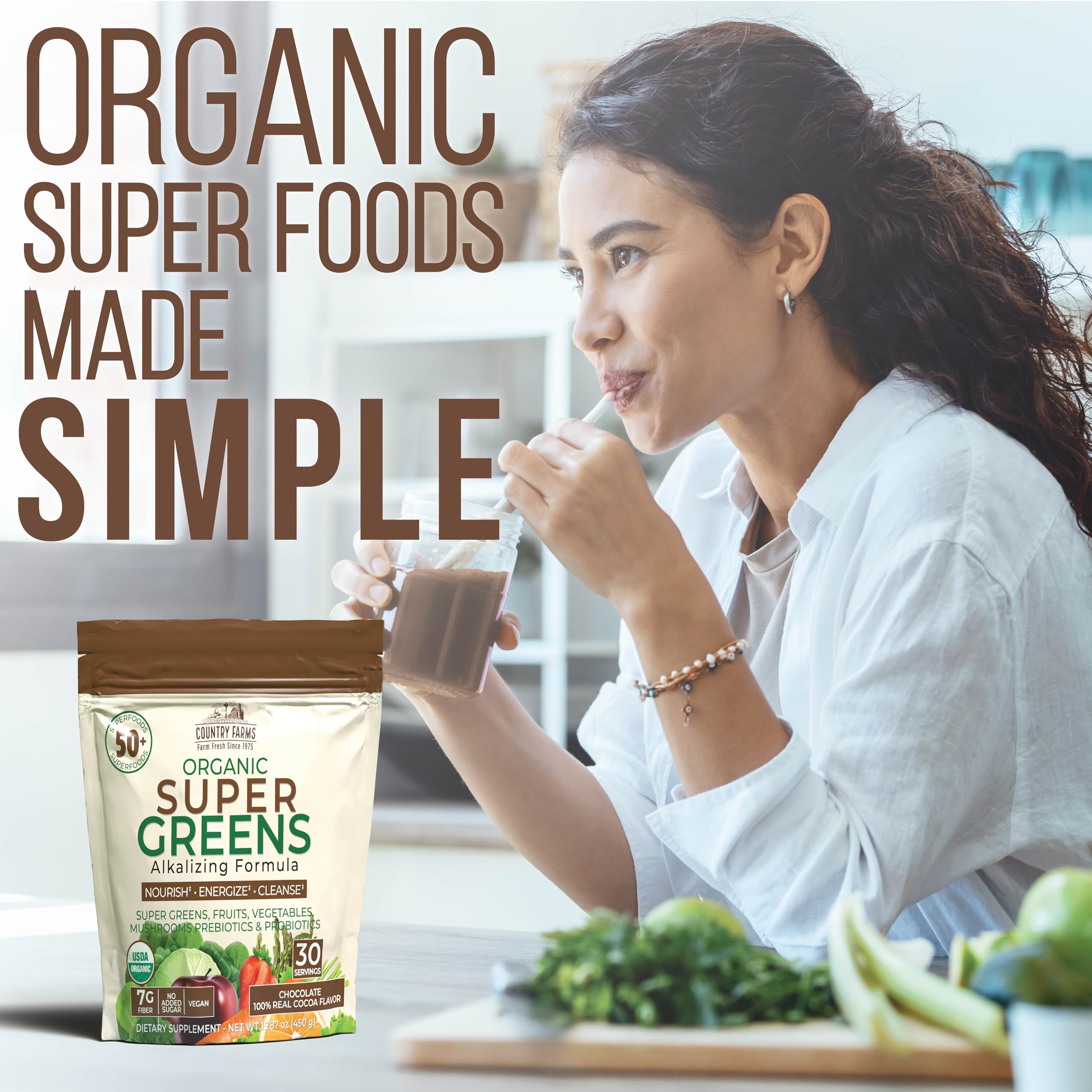 Country Farms Super Greens Chocolate scoop with powder