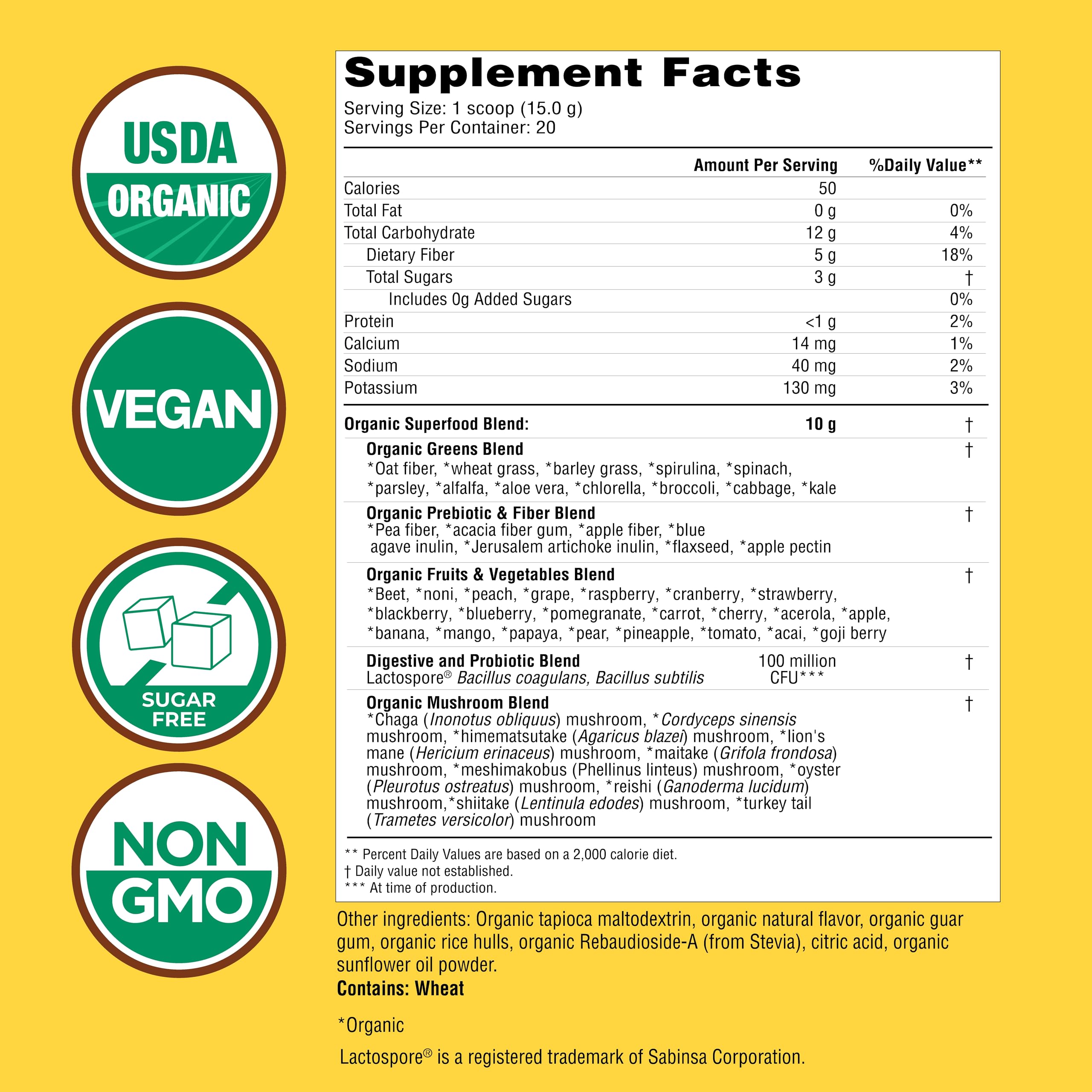 Country Farms Super Greens Drink Mix 590g back view with nutritional information