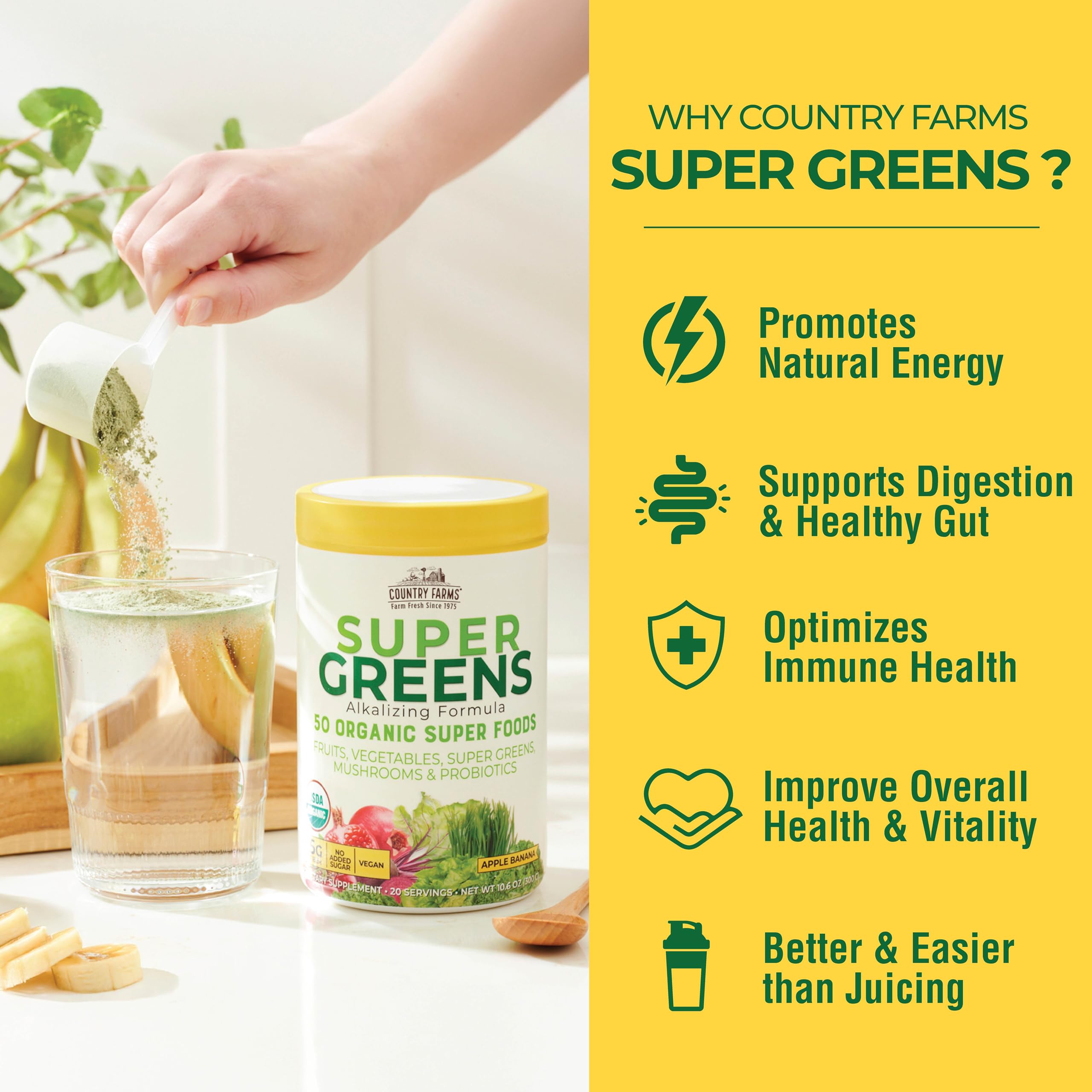 Country Farms Super Greens Drink Mix 590g in a glass with water