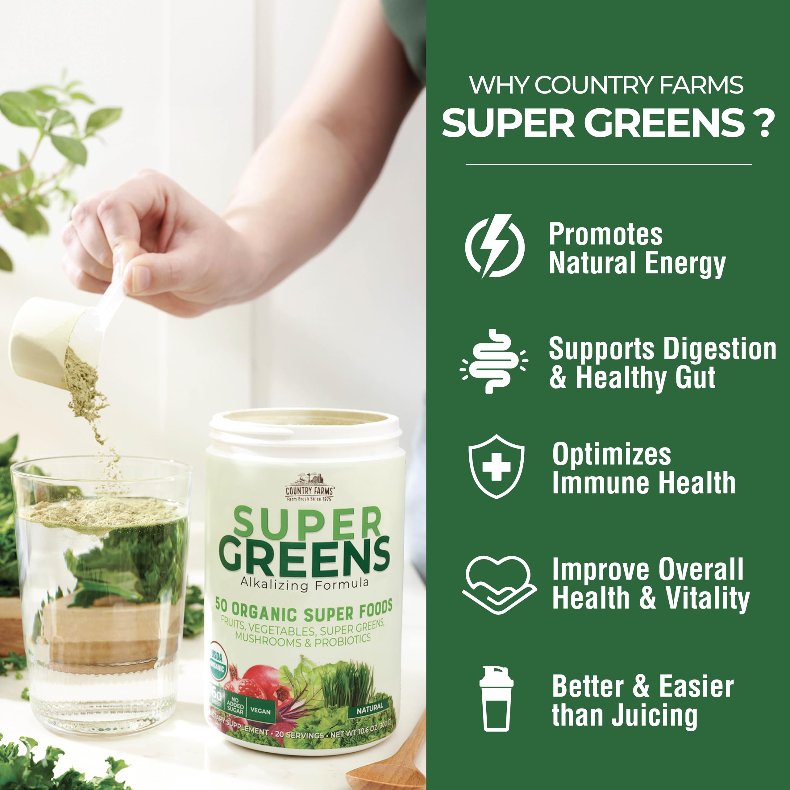 Country Farms Super Greens Drink Mix scoop with powder