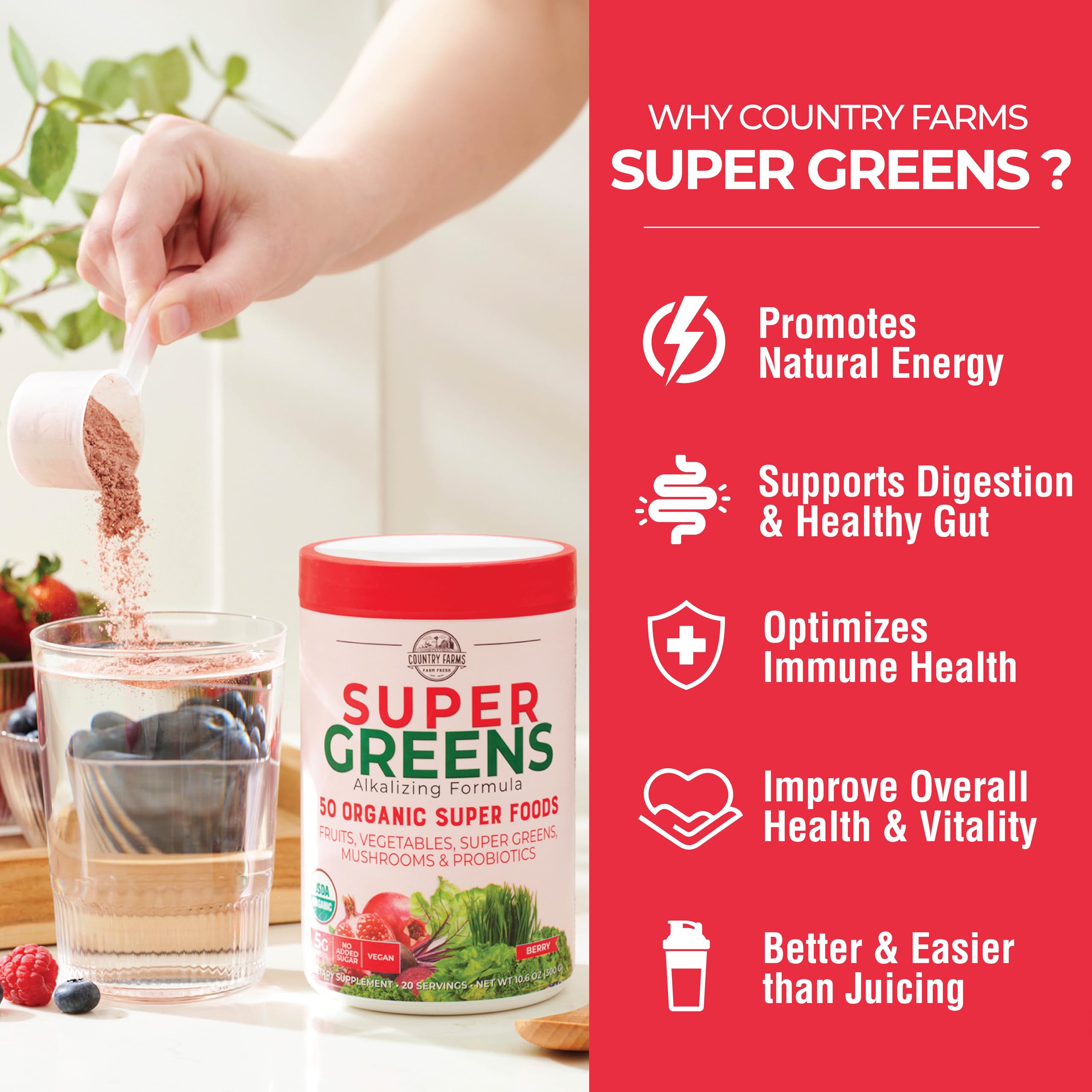 Country Farms Super Greens Organic Drink Mix powder in a glass