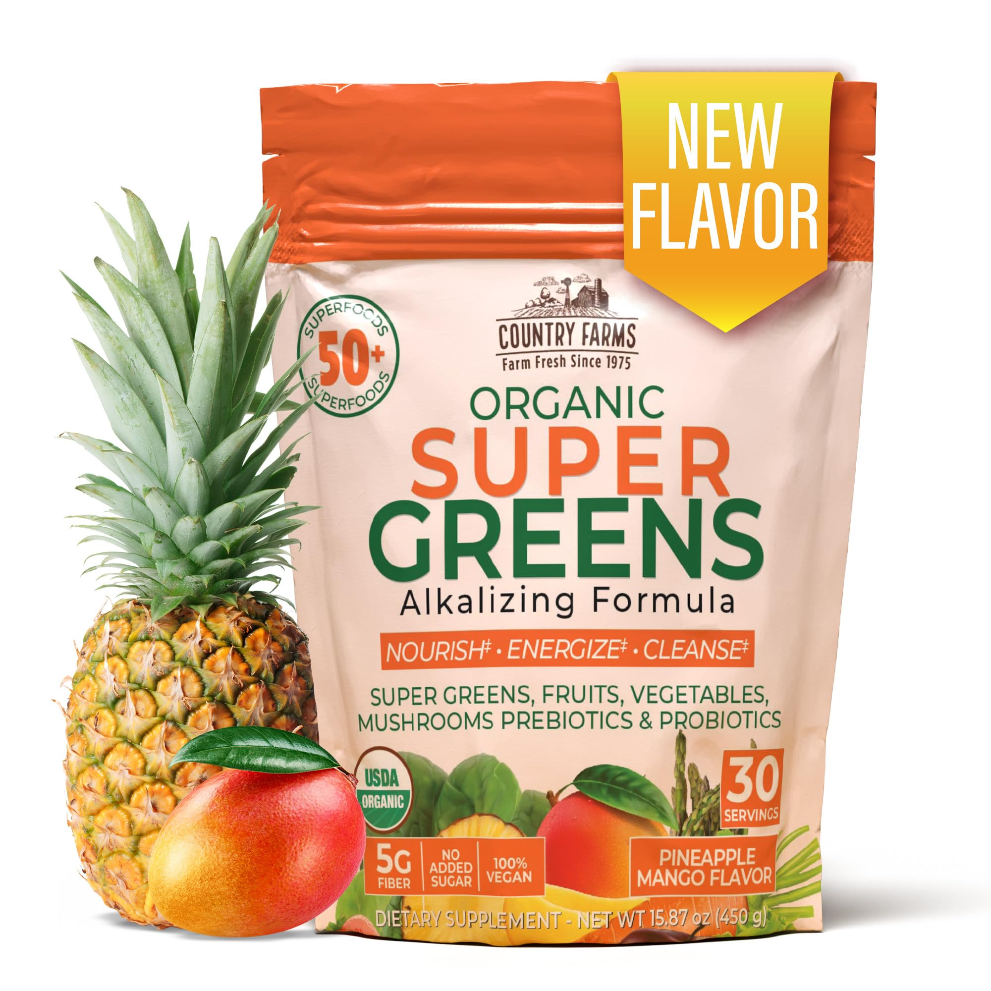 Country Farms Super Greens Pineapple-Mango front view with packaging
