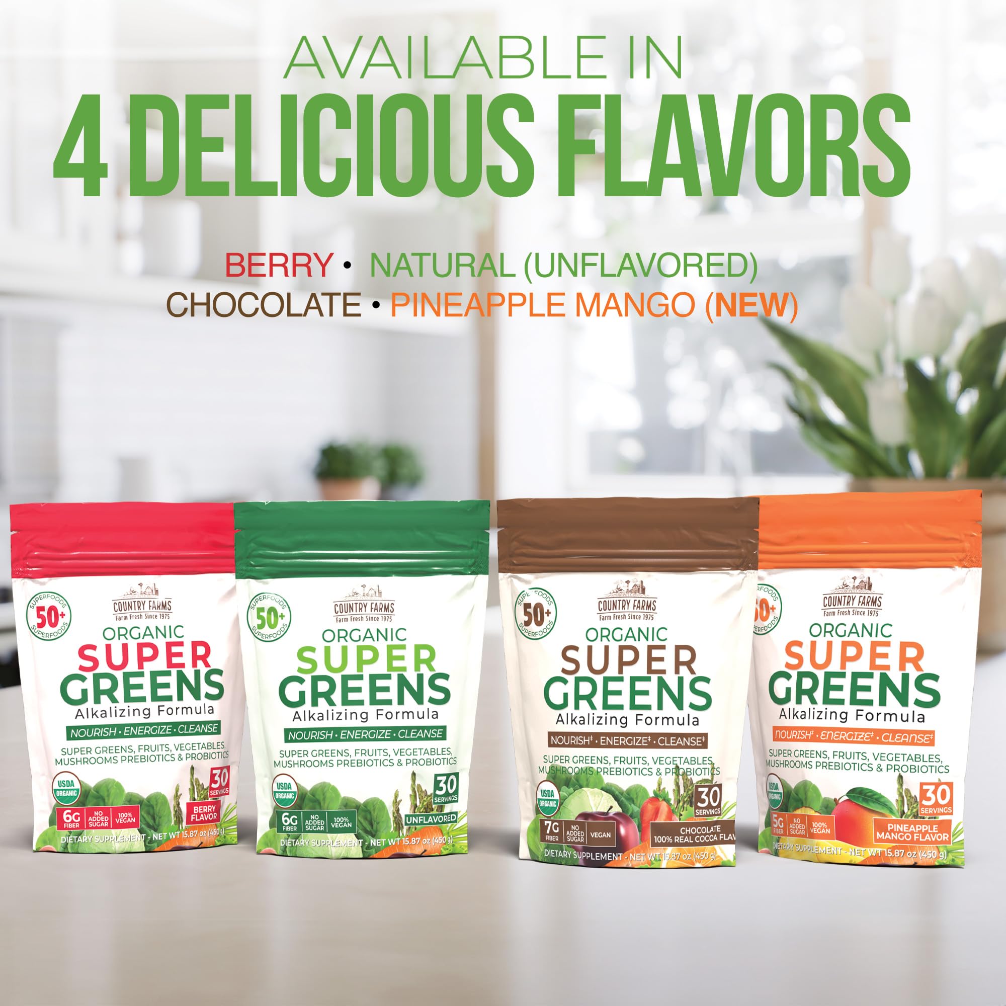 Country Farms Super Greens Pineapple-Mango on a kitchen counter