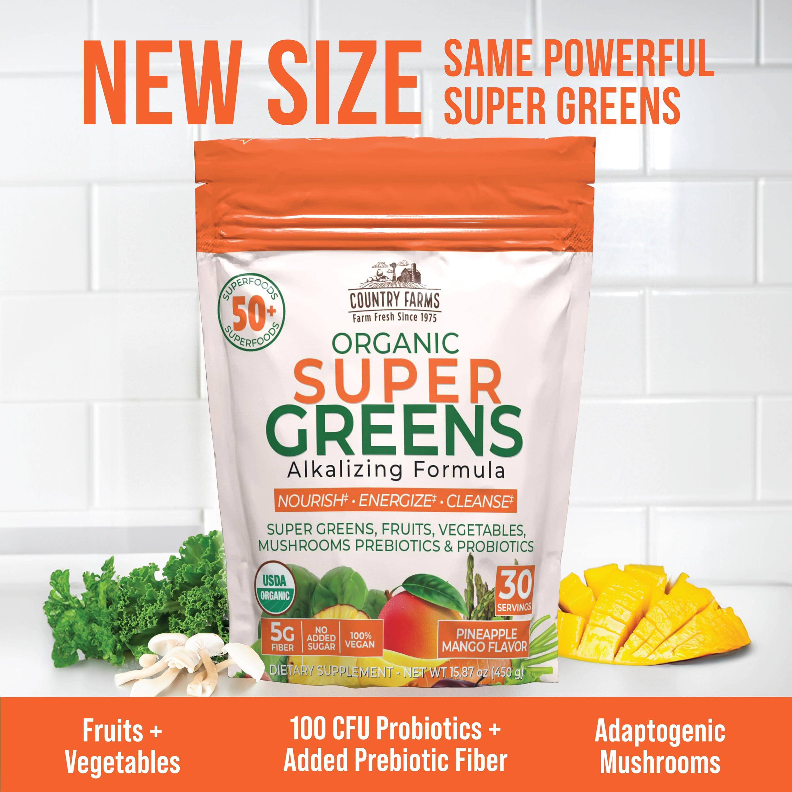 Country Farms Super Greens Pineapple-Mango with fresh fruits