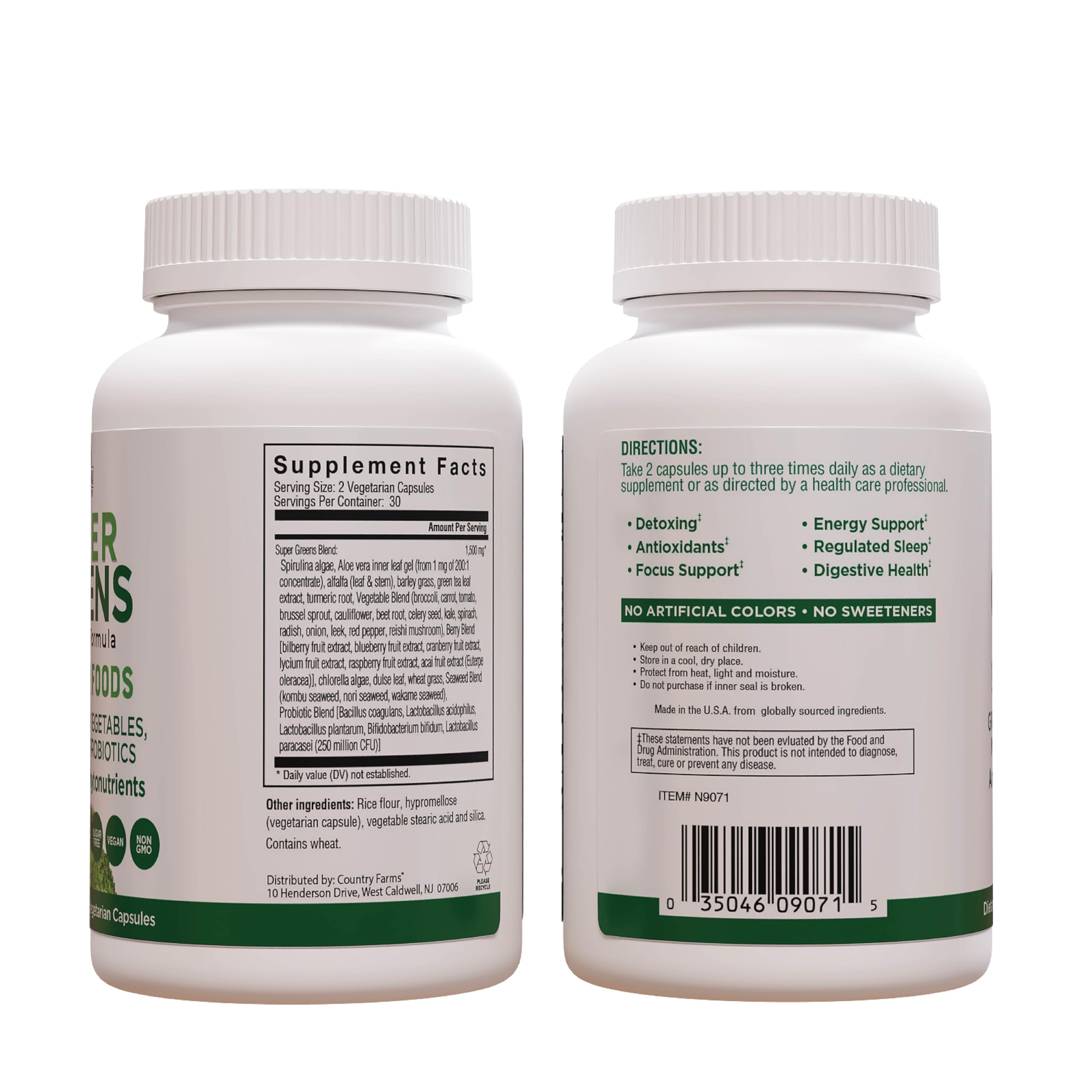 Country Farms Super Greens Veggie Capsules packaging on a wooden table