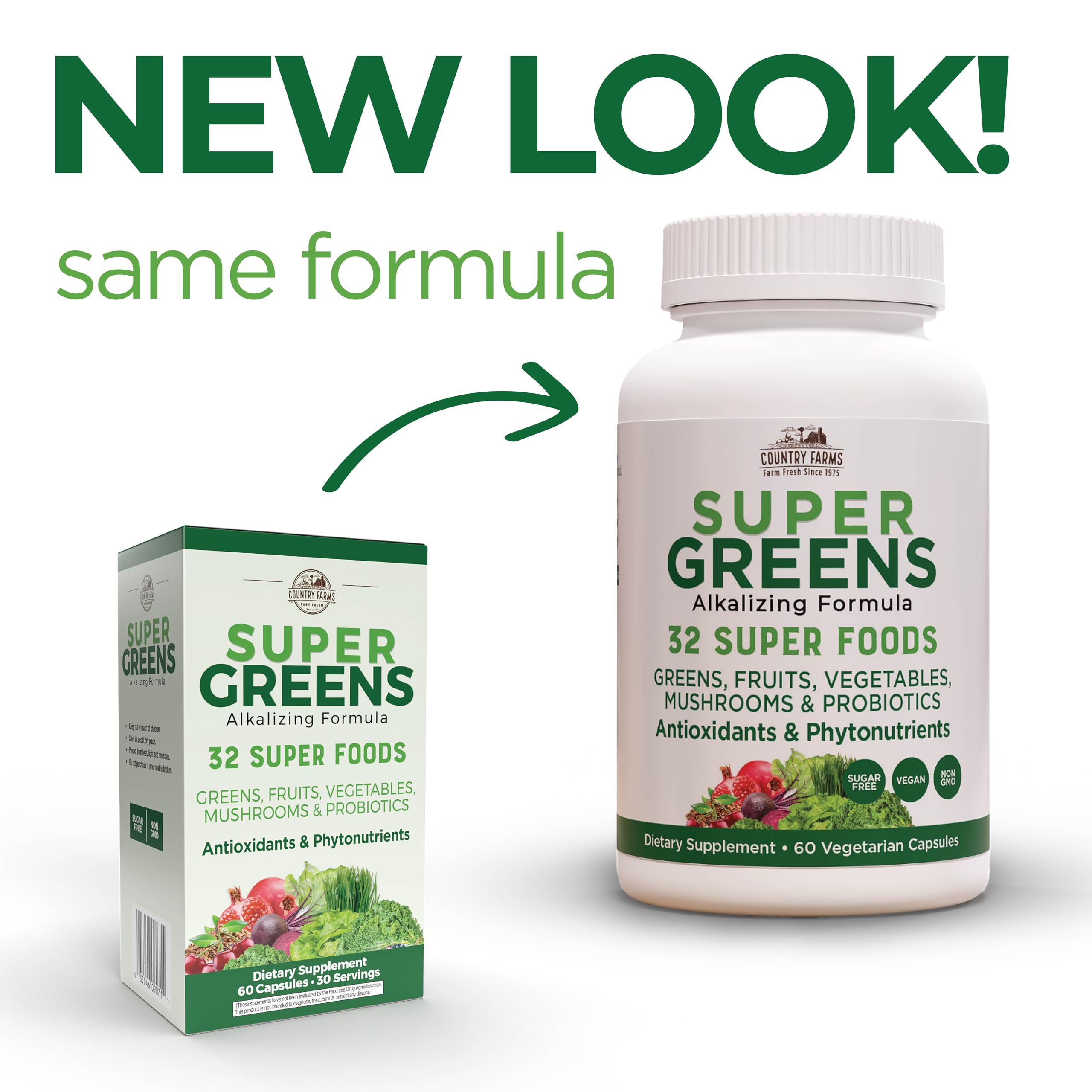 Country Farms Super Greens Veggie Capsules side view with label details