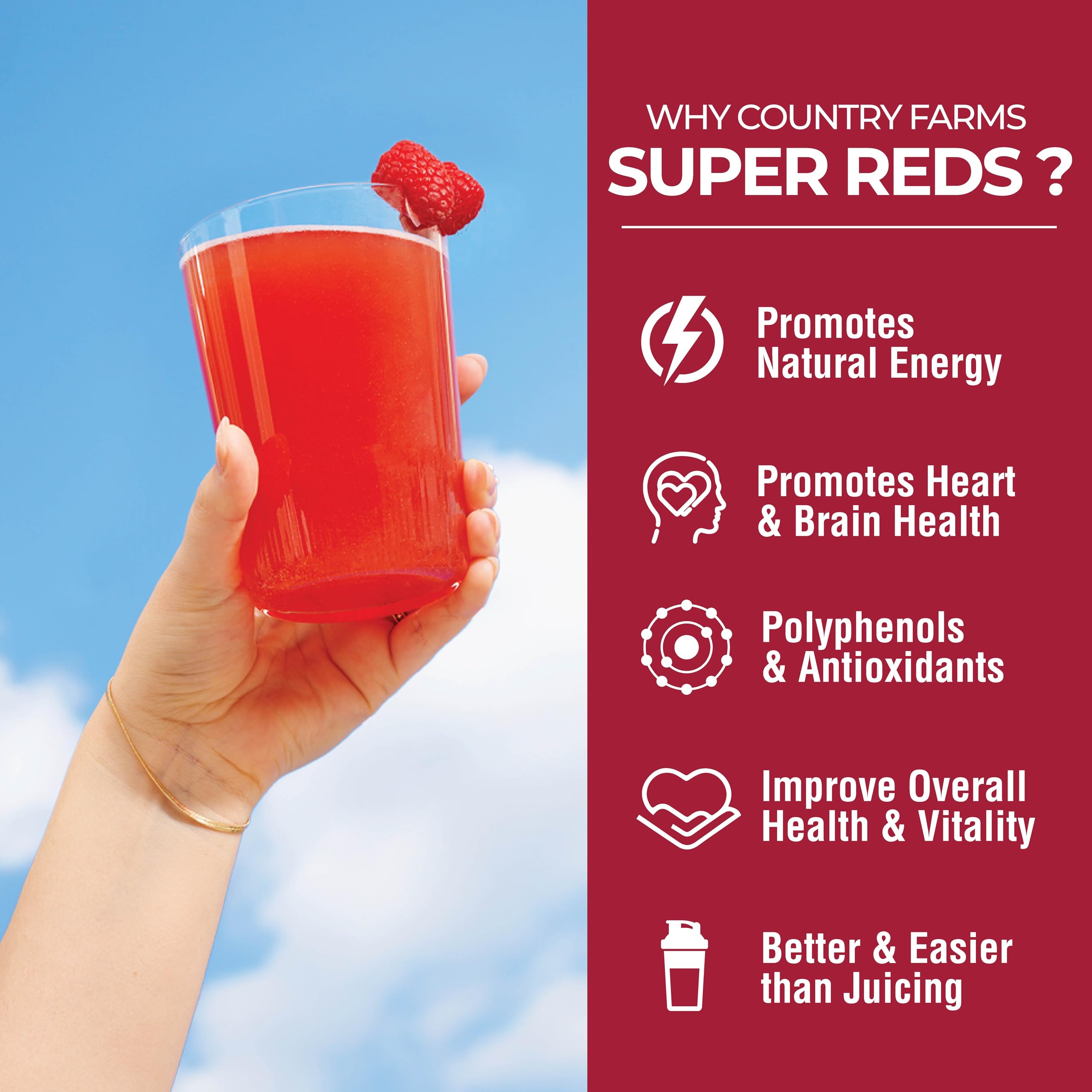 Country Farms Super Reds drink mix in a glass with water
