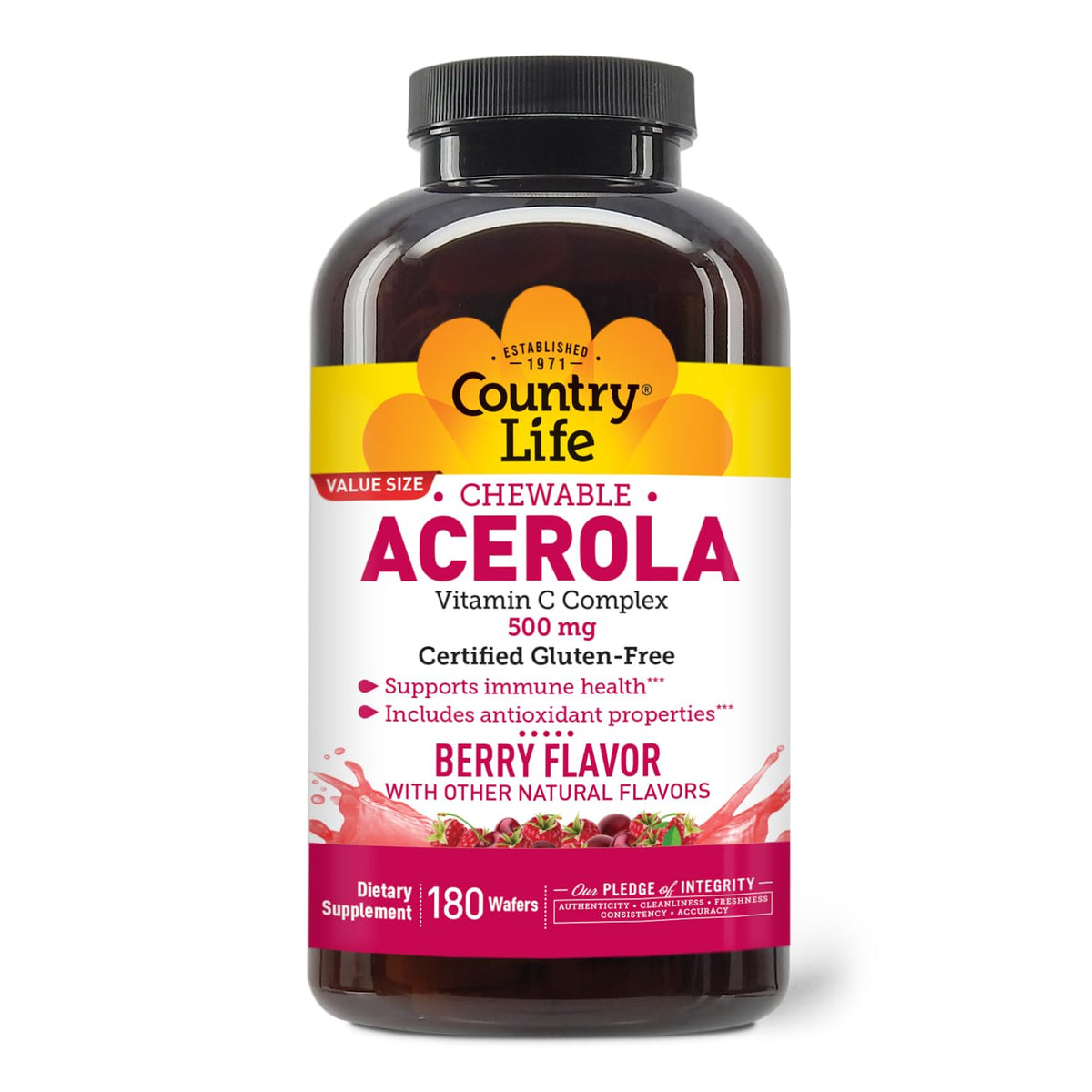 Country Life Acerola Vitamin C Complex 500mg chewable wafers front view