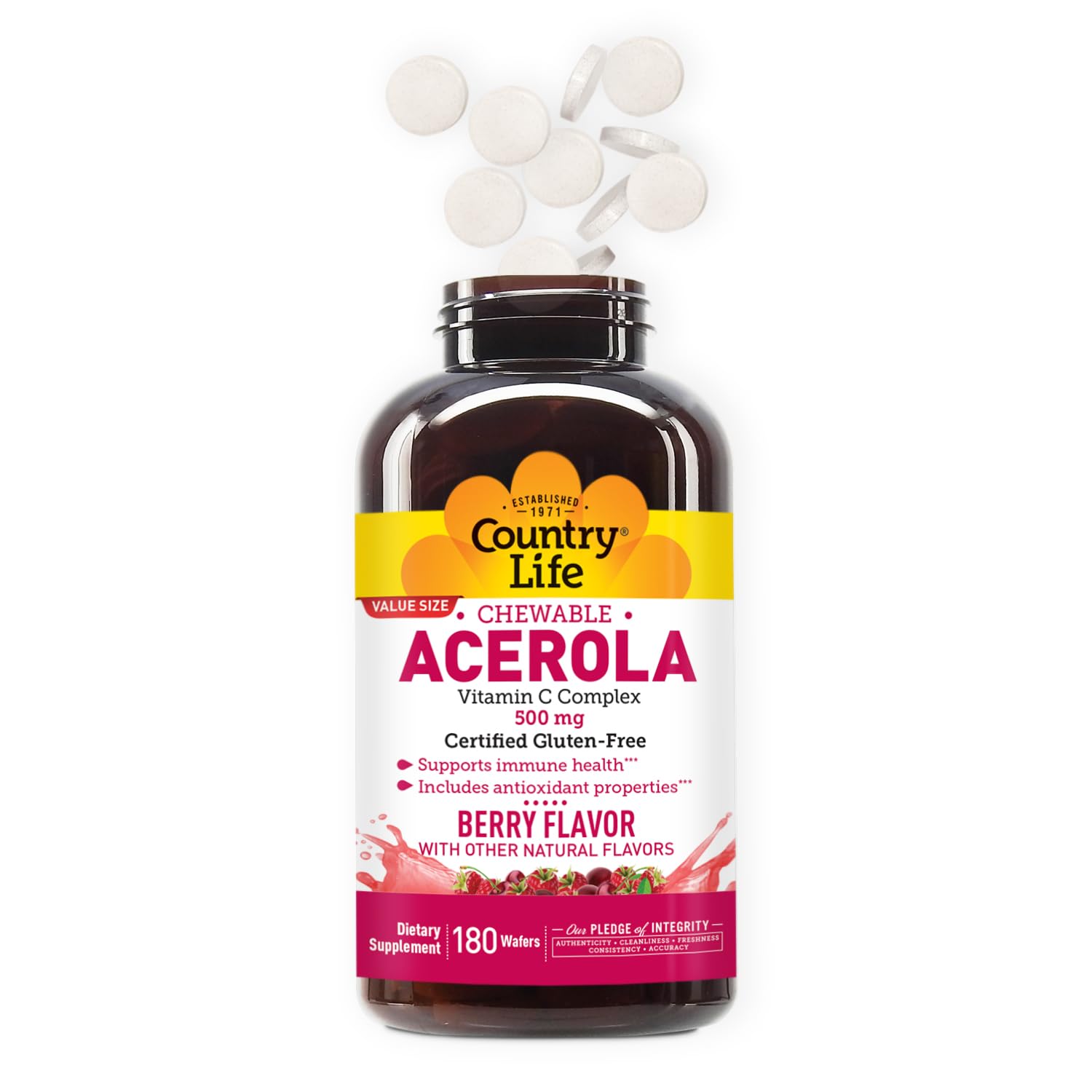 Country Life Acerola Vitamin C Complex 500mg chewable wafers on a wooden table