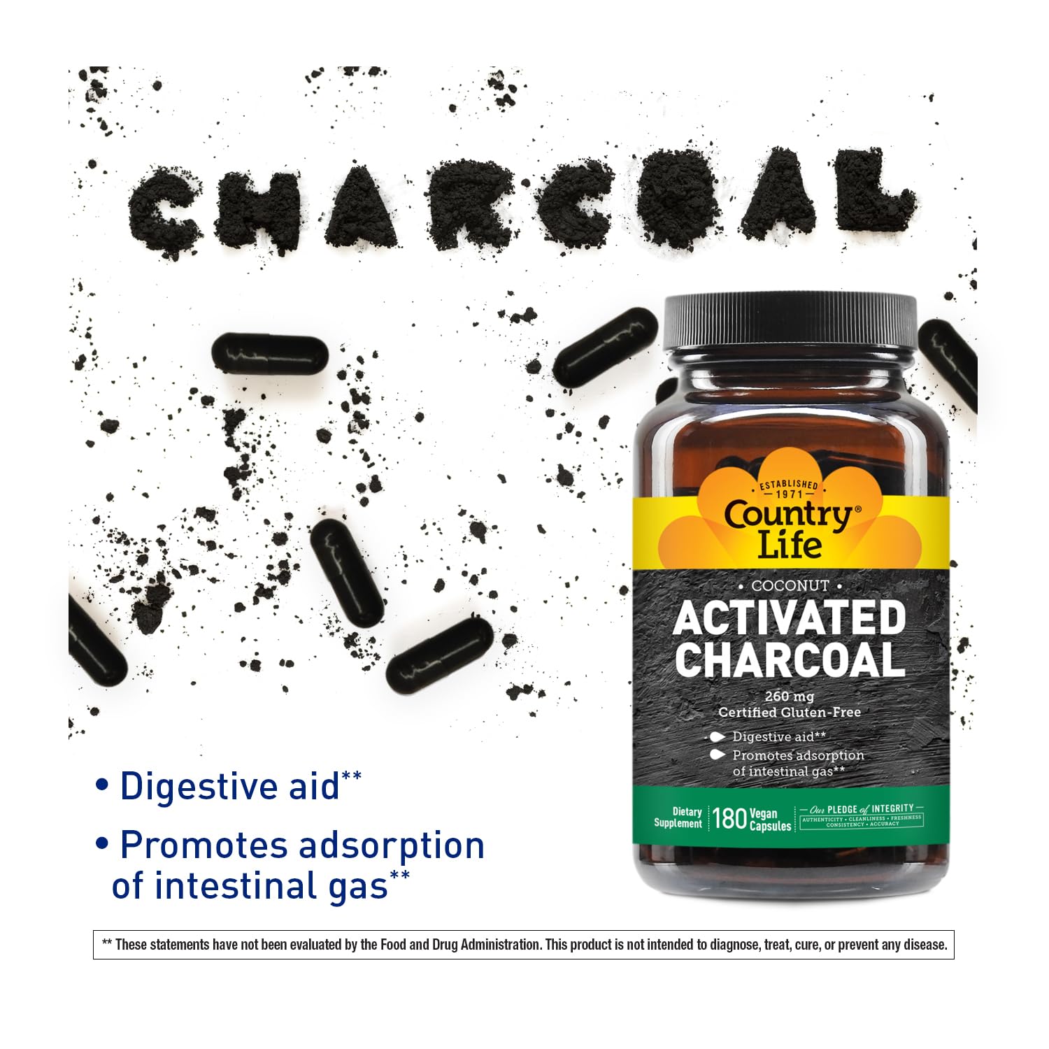 Country Life Activated Charcoal Vegan Capsules back view with ingredients
