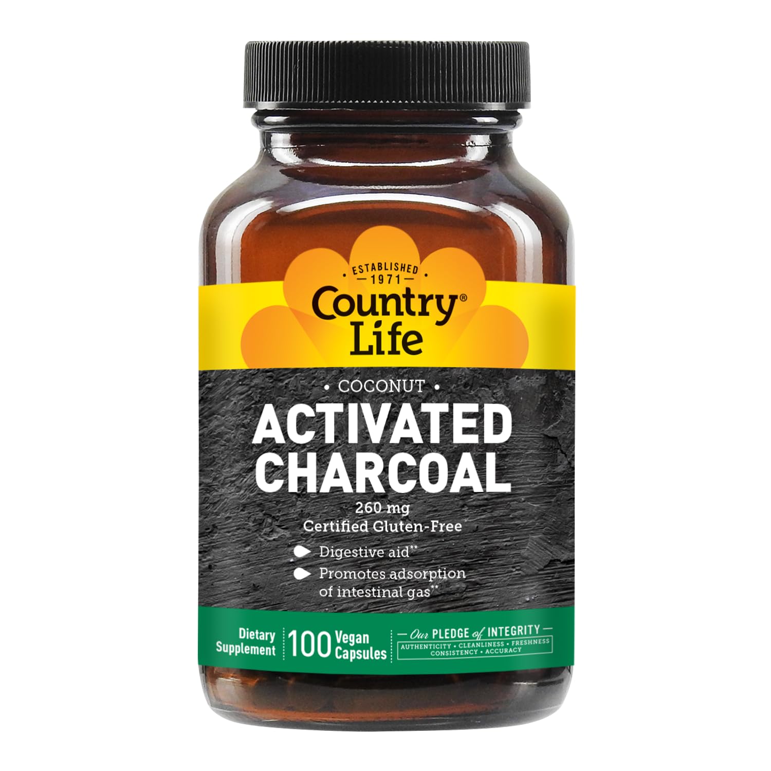 Country Life Activated Charcoal Vegan Capsules opened bottle