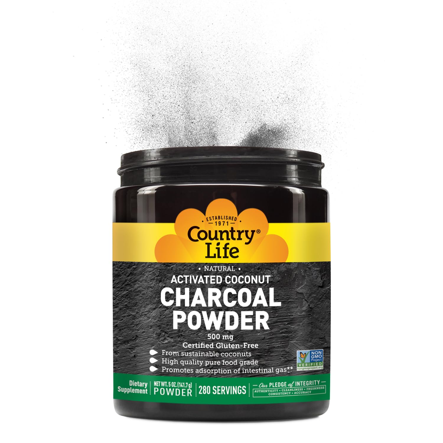 Country Life Activated Coconut Charcoal Powder 500mg with measuring scoop