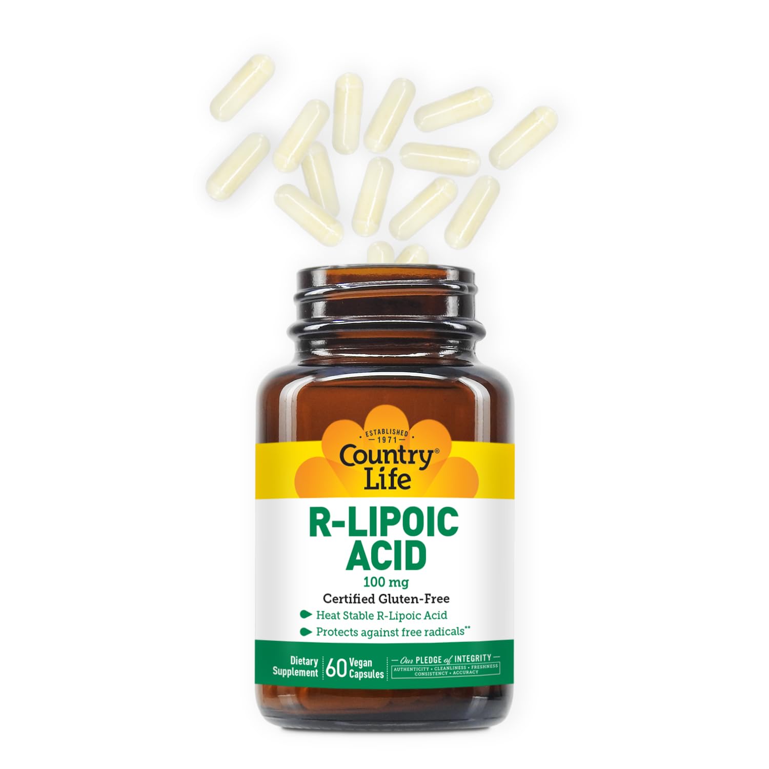 Country Life Alpha Lipoic Acid bottle on a wooden table