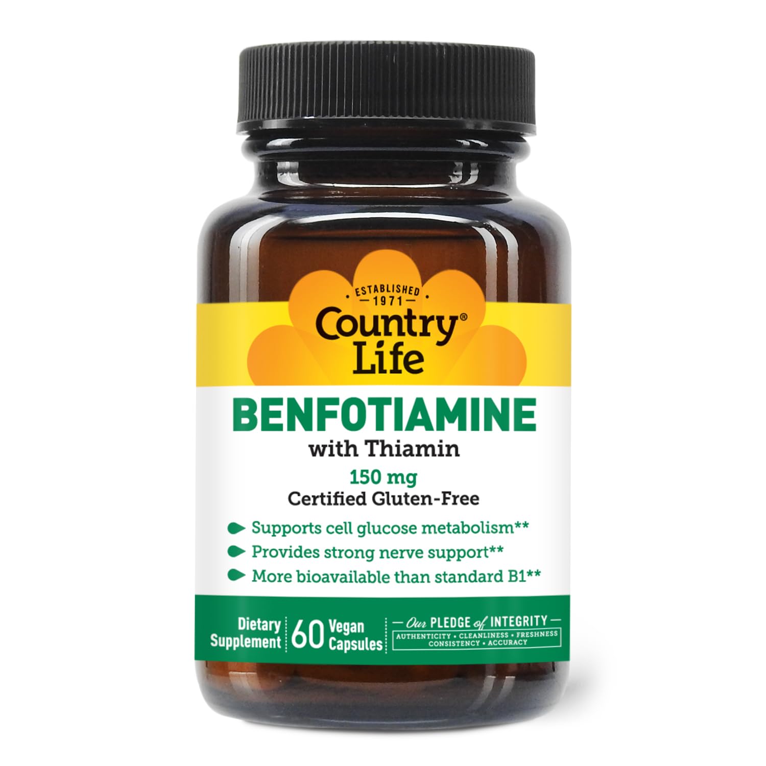 Country Life Benfotiamine Capsules 150mg on a wooden table