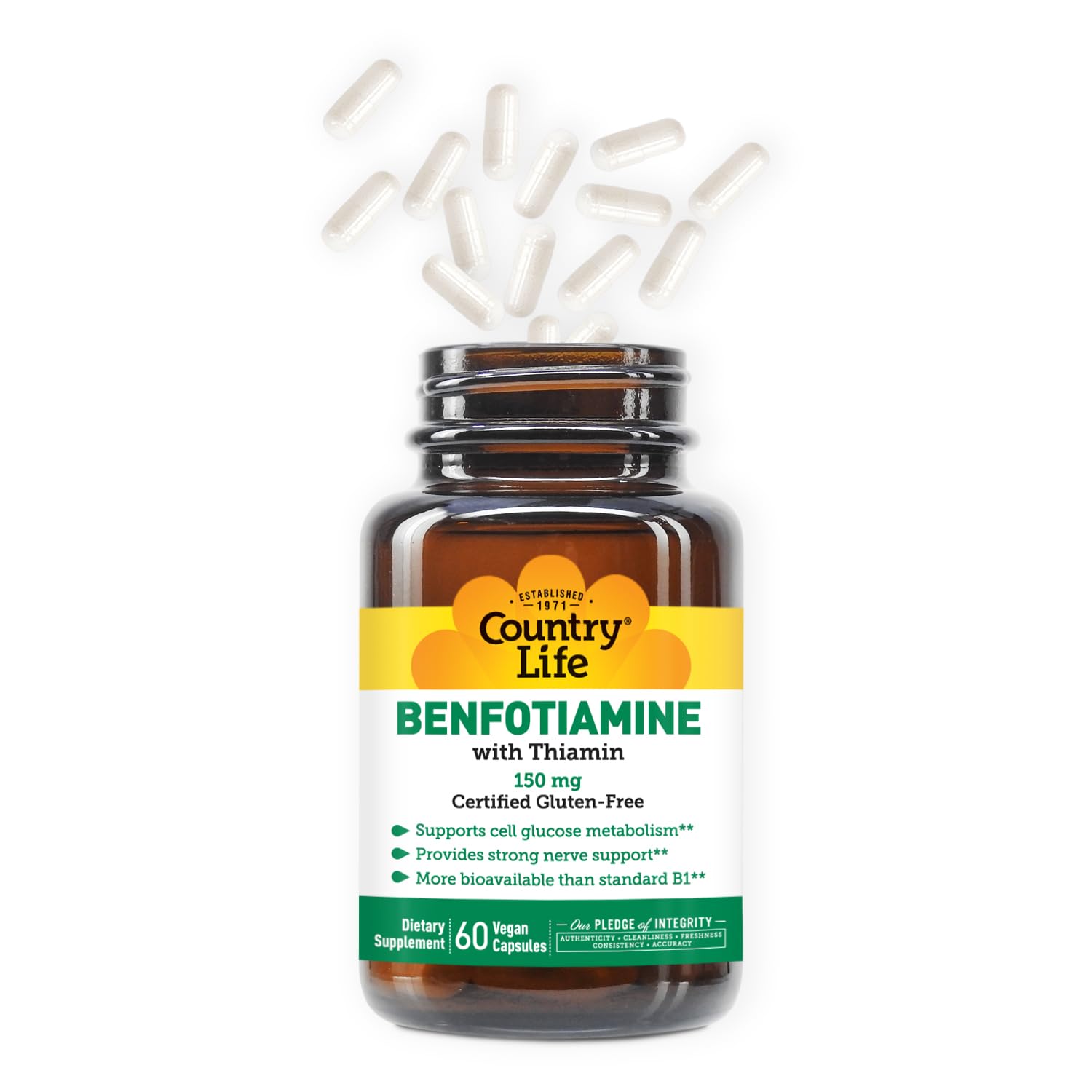 Country Life Benfotiamine Capsules 150mg side view with label