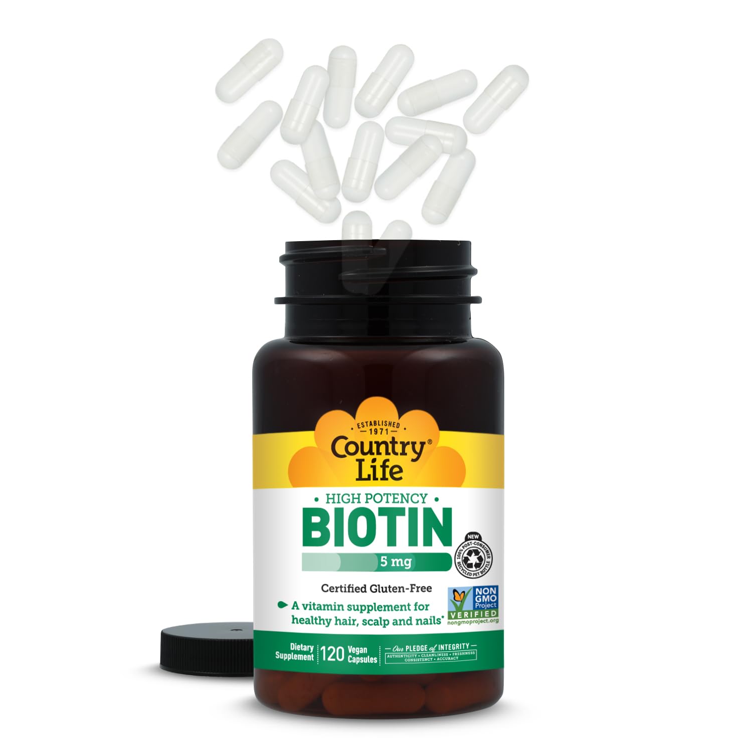 Country Life Biotin 5000 MCG capsules with a measuring spoon
