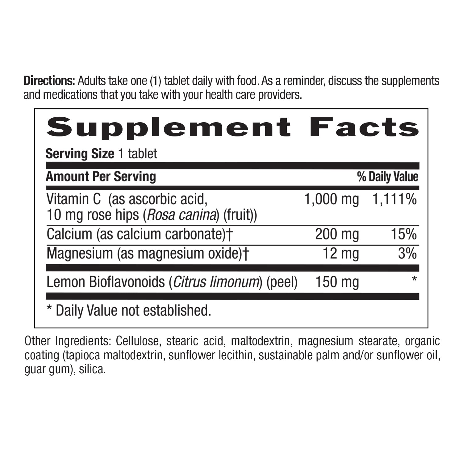 Country Life Buffered Vitamin C 1000mg 250 Tablets back view