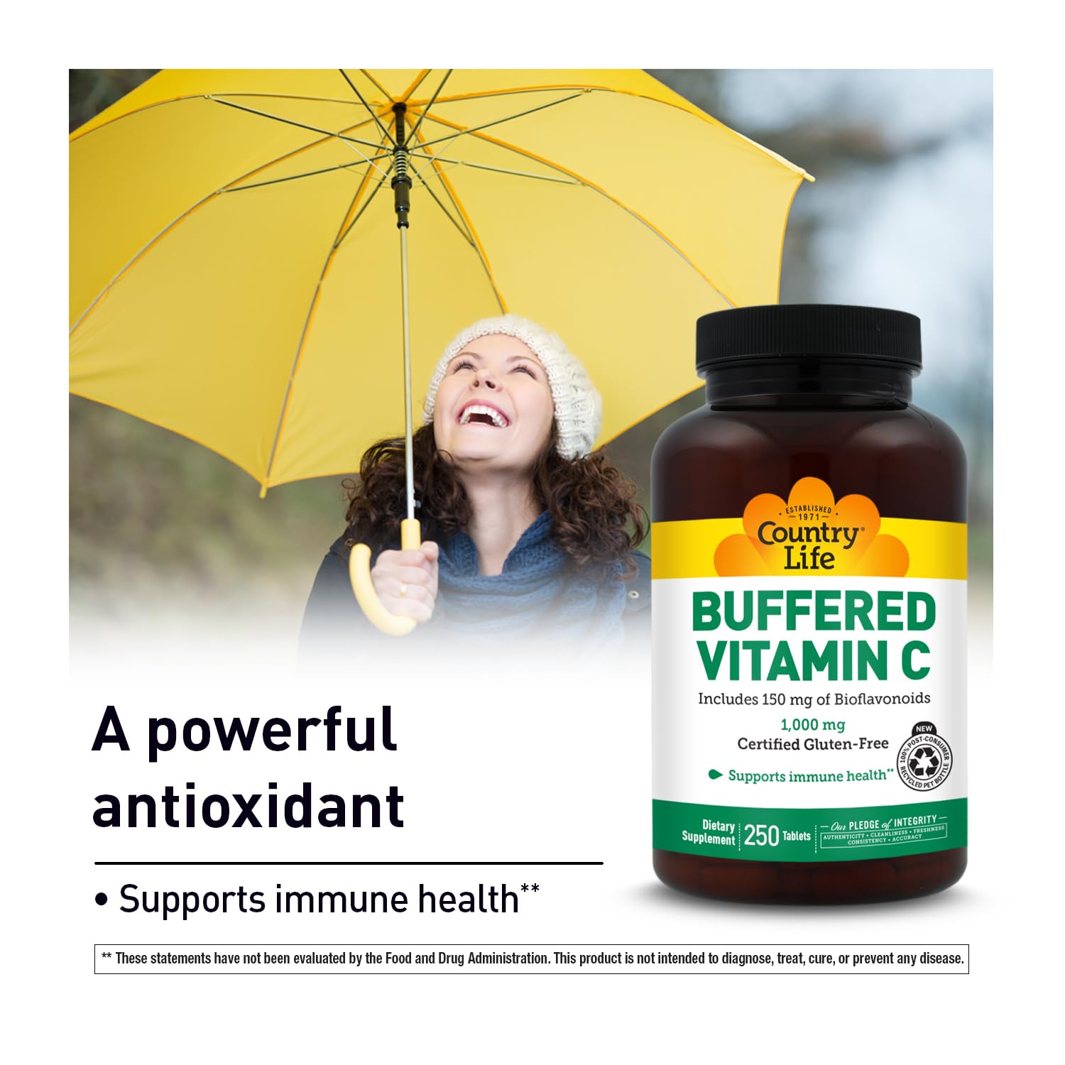 Country Life Buffered Vitamin C 1000mg 250 Tablets on a wooden table