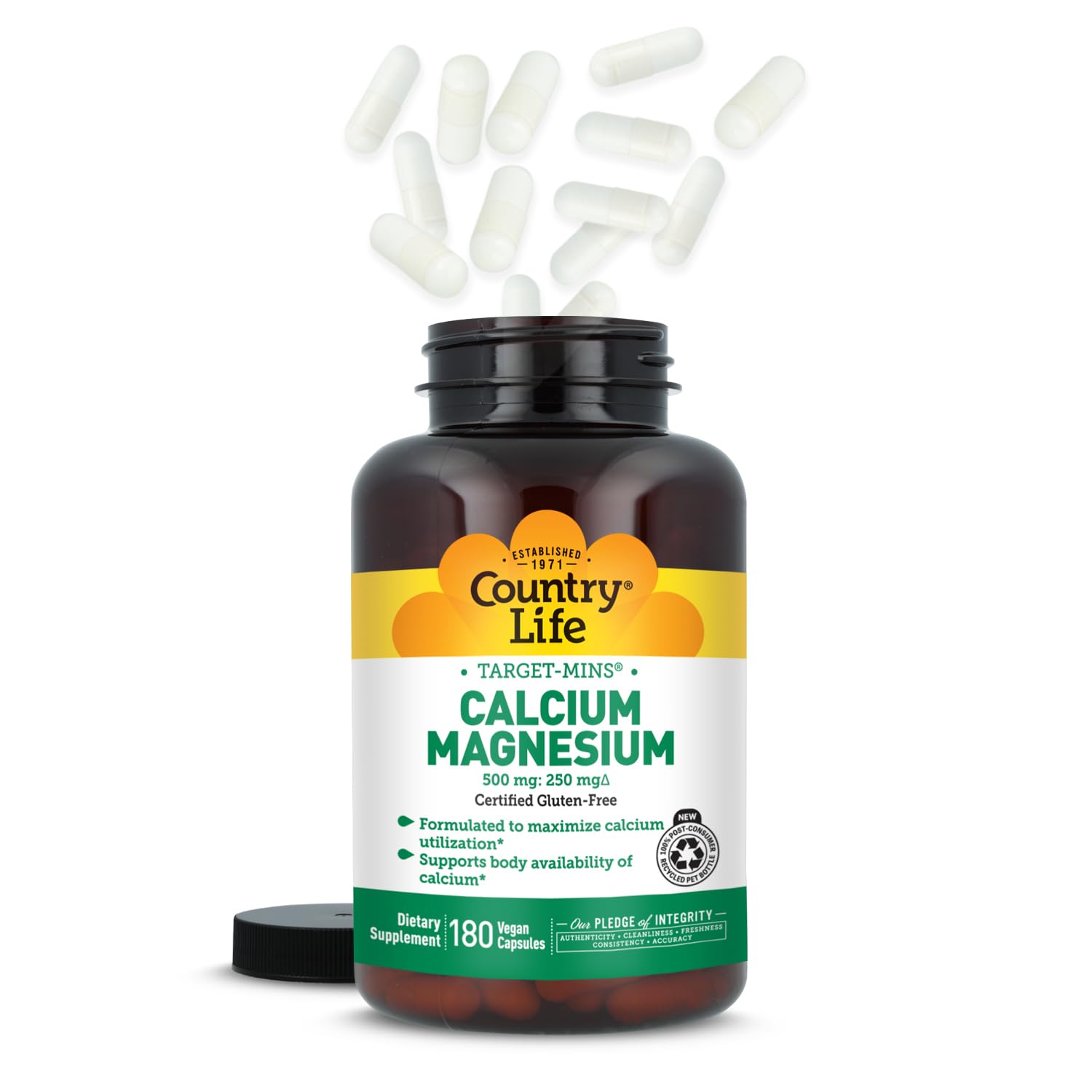 Country Life Calcium Magnesium Complex 500mg 250mg Capsules displayed with other supplements