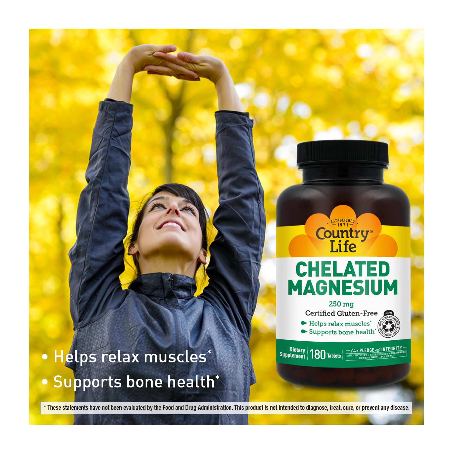 Country Life Chelated Magnesium 250 mg supplement capsules on a surface