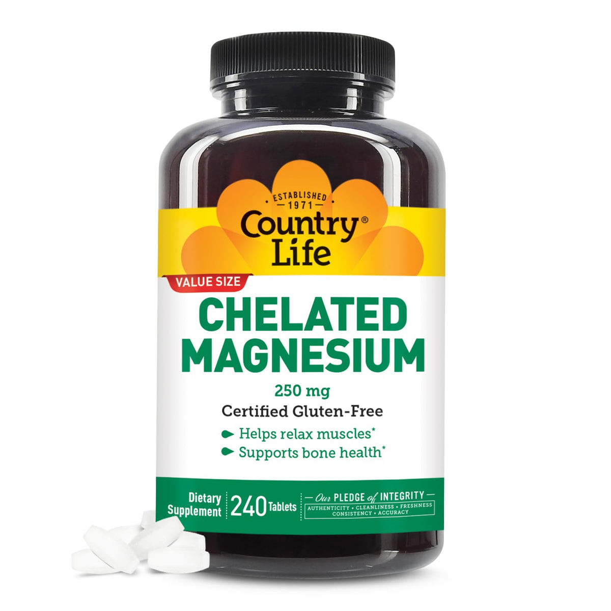 Country Life Chelated Magnesium 250mg tablet front view