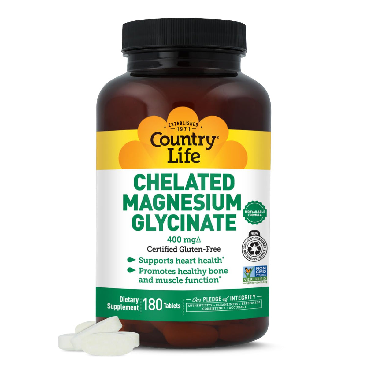Country Life Chelated Magnesium Glycinate 400mg 180 Tablets front view
