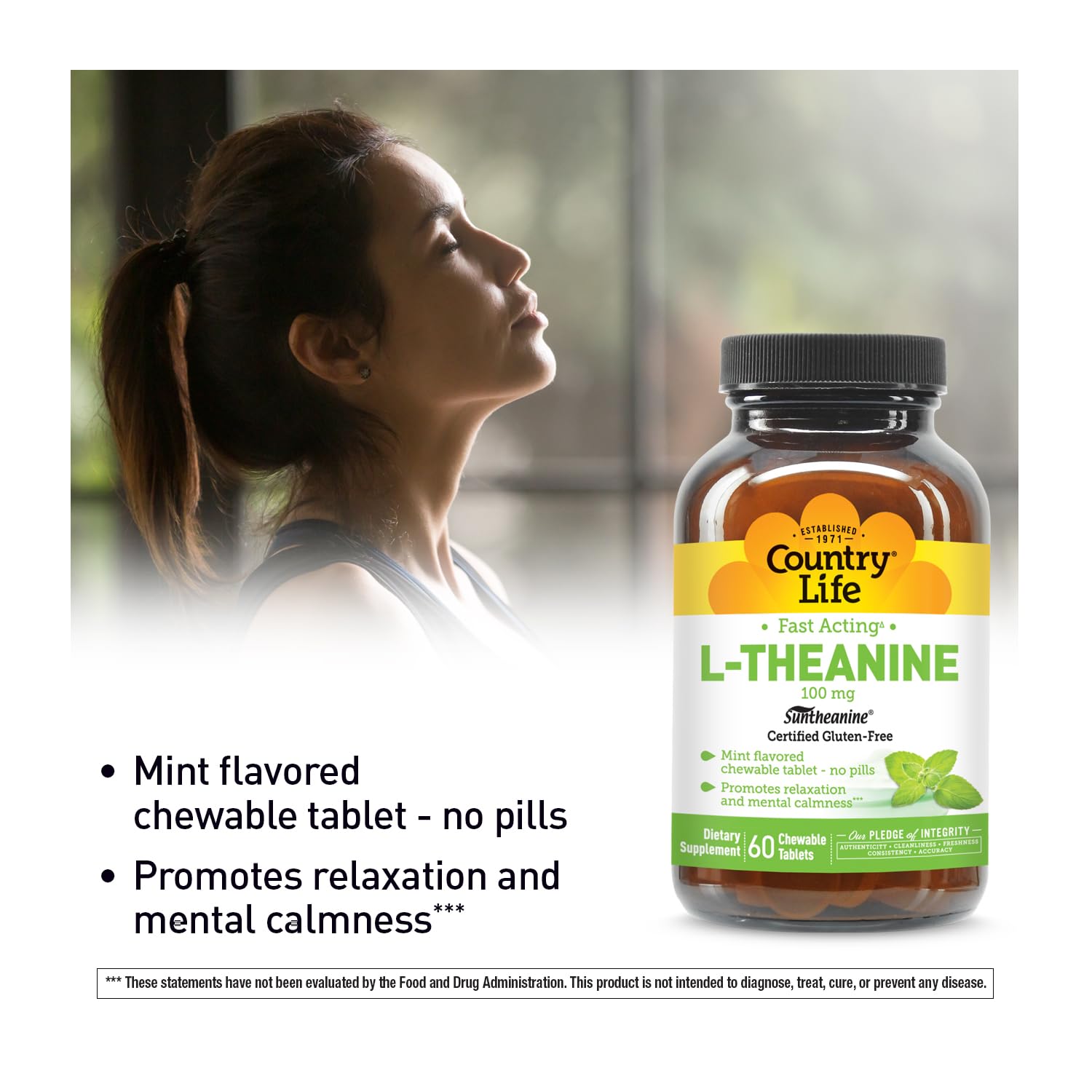 Country Life Chewable L-Theanine 200mg mint flavour tablet packaging